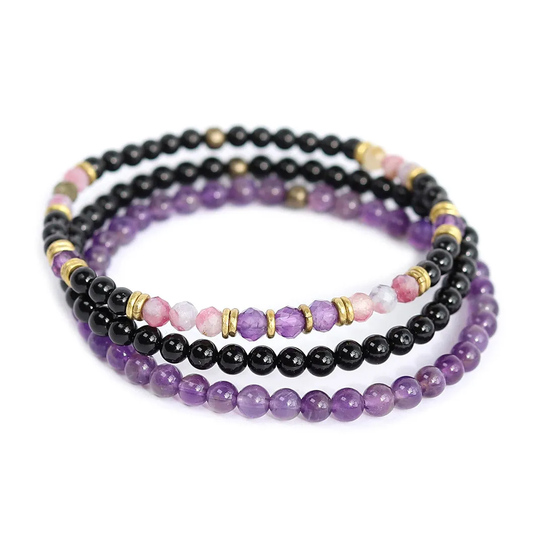 Protection and Good Energy Watermelon and Black Tourmaline Delicate Bracelet Set