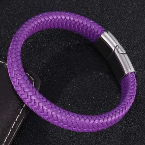 Purple Braided Genuine Leather Stainless Steel Magnetic Bracelet