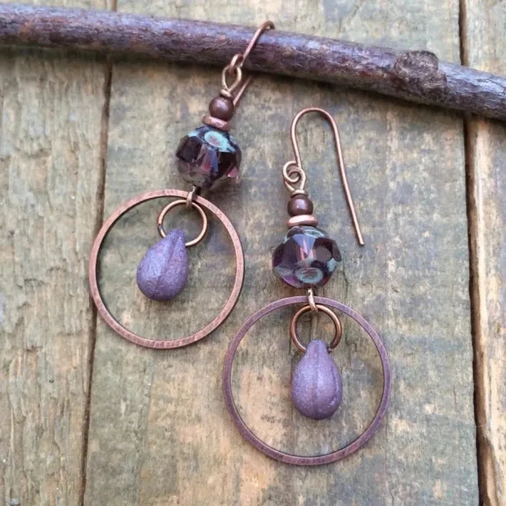 Purple Czech Glass Drop Earrings with Antiqued Copper Accents