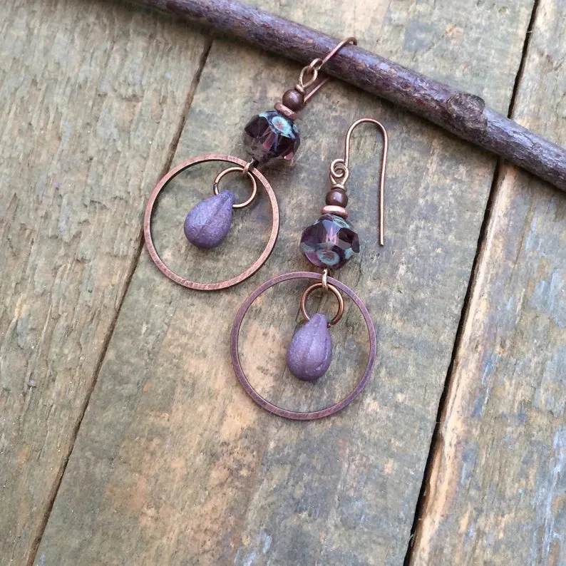 Purple Czech Glass Drop Earrings with Antiqued Copper Accents