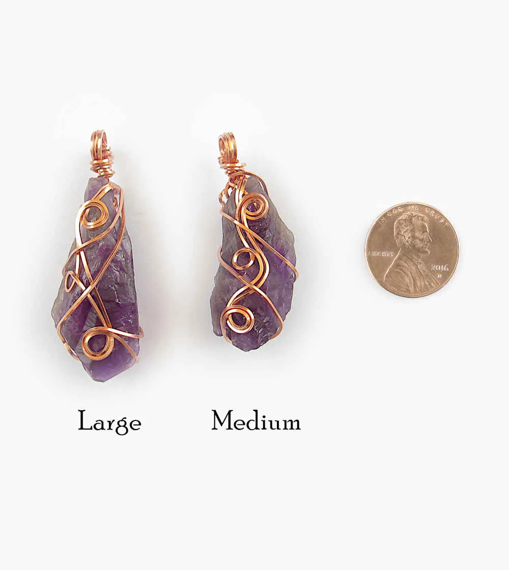 Raw Amethyst Crystal Pendant w/ 3 Swirls, Dark Purple, Copper Wire-Wrapped, w/ 20 Chain - Handmade