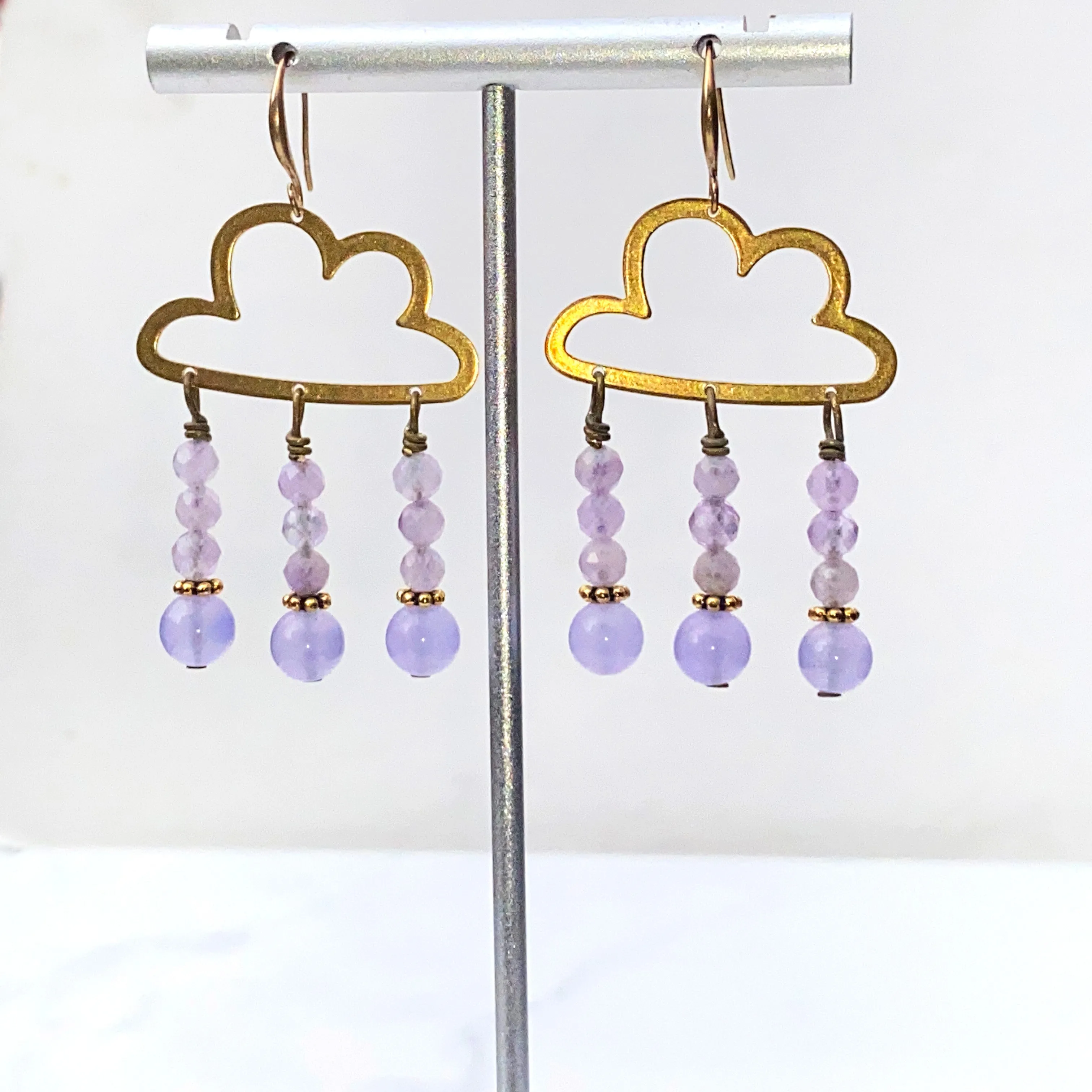 Raw Brass Cloud and Amethyst gemstone Rain Drop Earrings