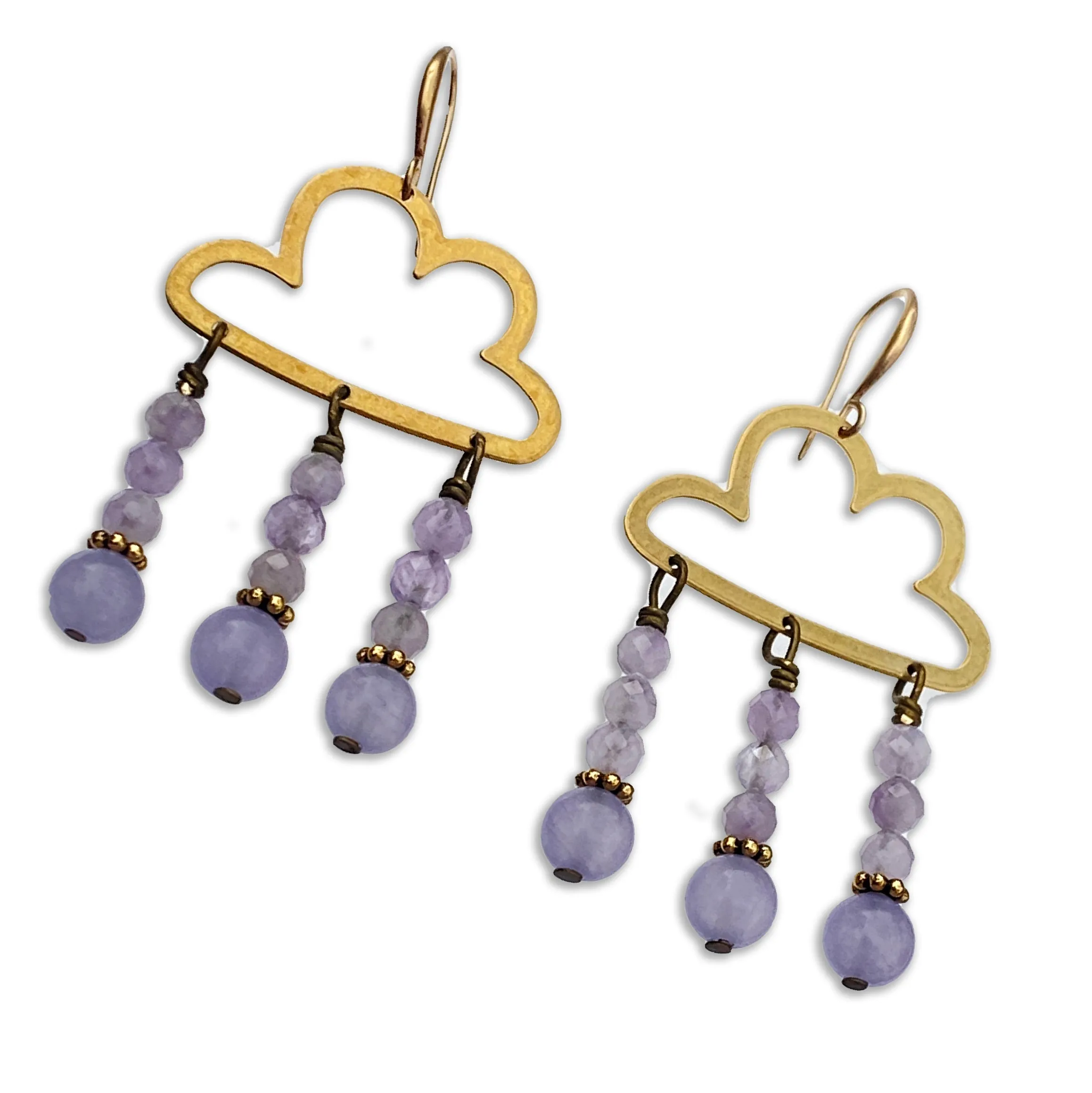 Raw Brass Cloud and Amethyst gemstone Rain Drop Earrings