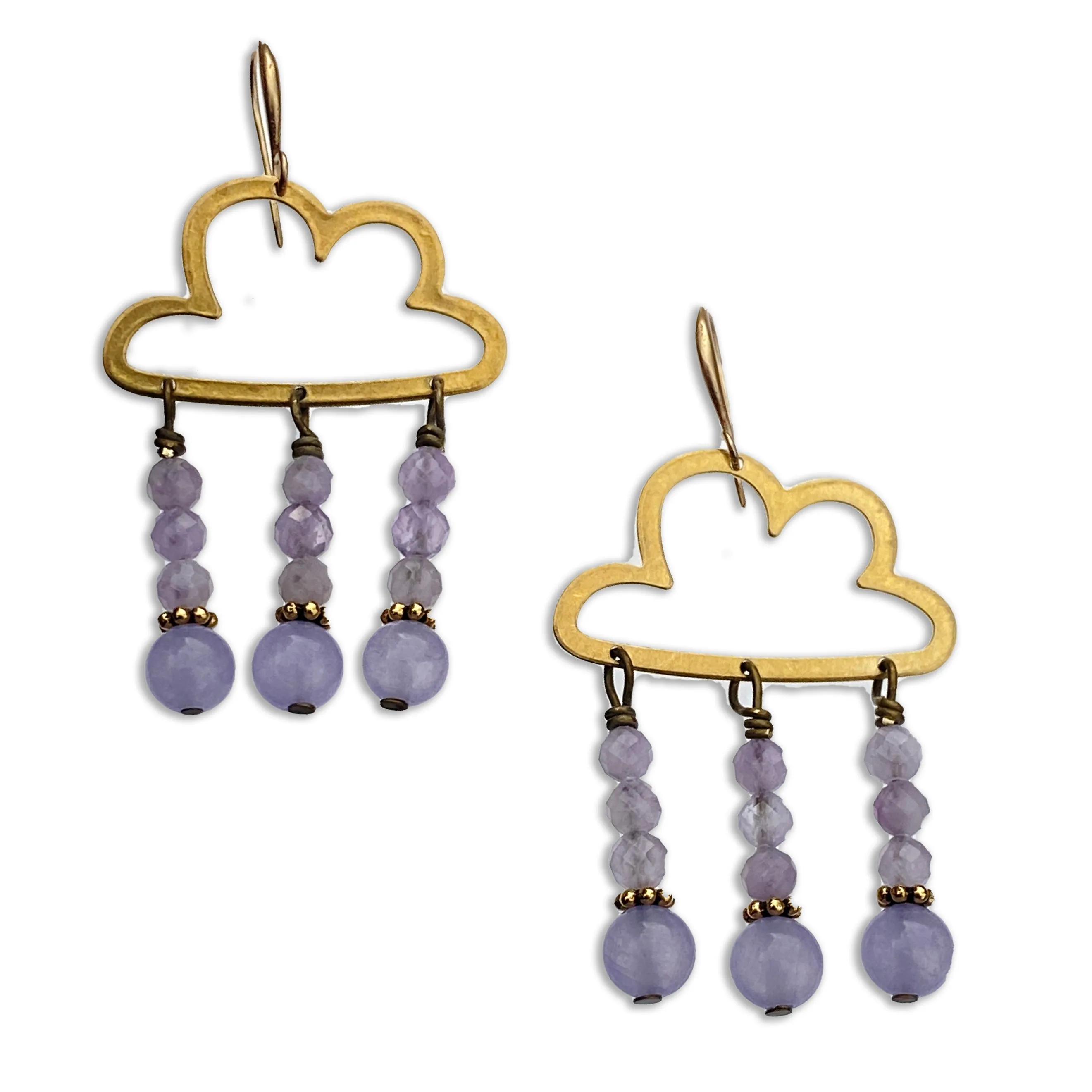 Raw Brass Cloud and Amethyst gemstone Rain Drop Earrings