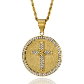 Rhinestone-Studded Cross Round Bling Stainless Steel Hip-hop Pendant Necklace