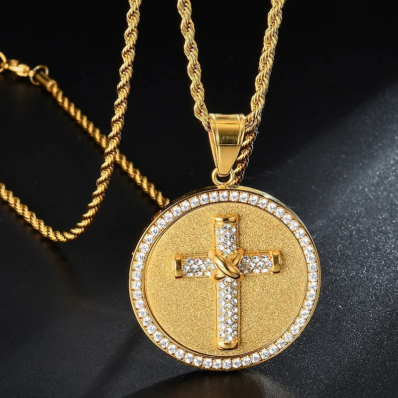 Rhinestone-Studded Cross Round Bling Stainless Steel Hip-hop Pendant Necklace