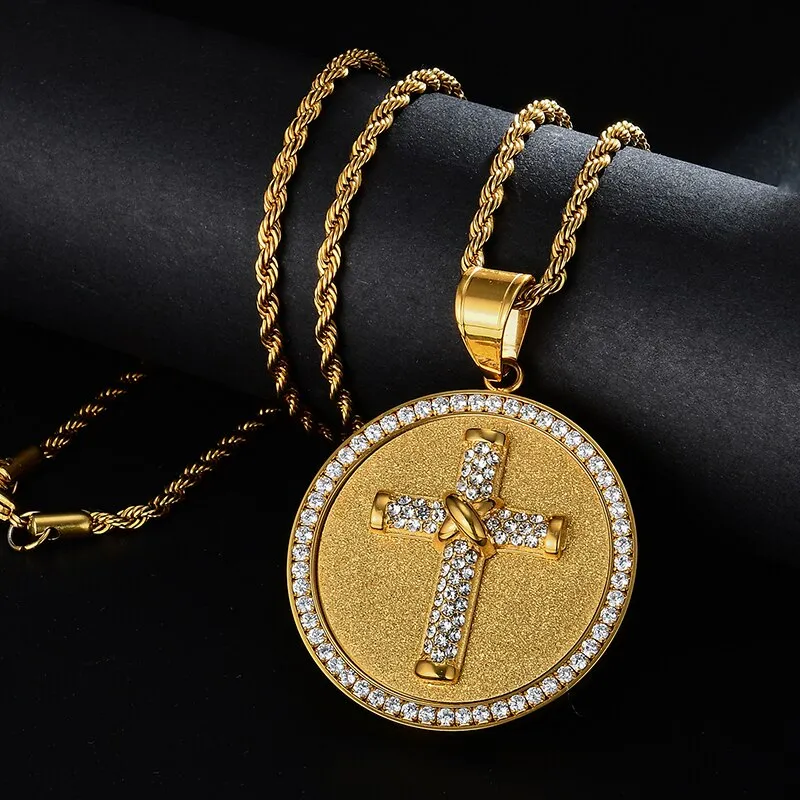 Rhinestone-Studded Cross Round Bling Stainless Steel Hip-hop Pendant Necklace