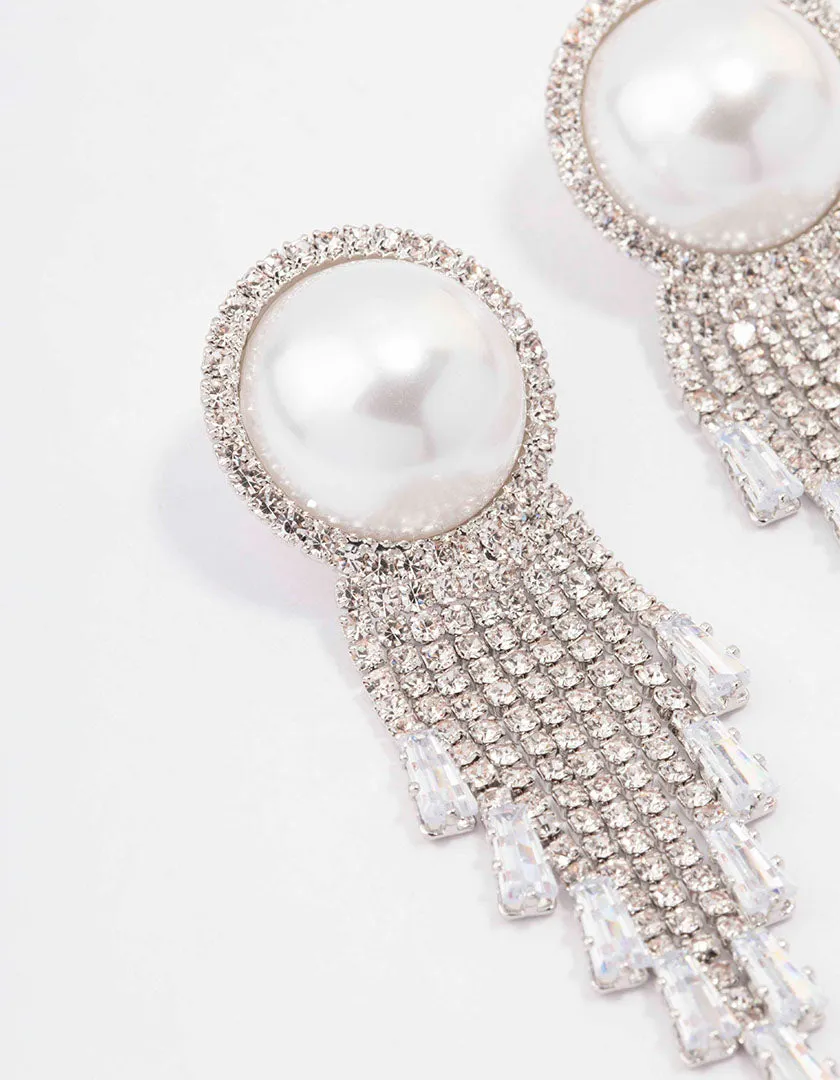 Rhodium Oversized Pearl Cupchain Diamante Earrings