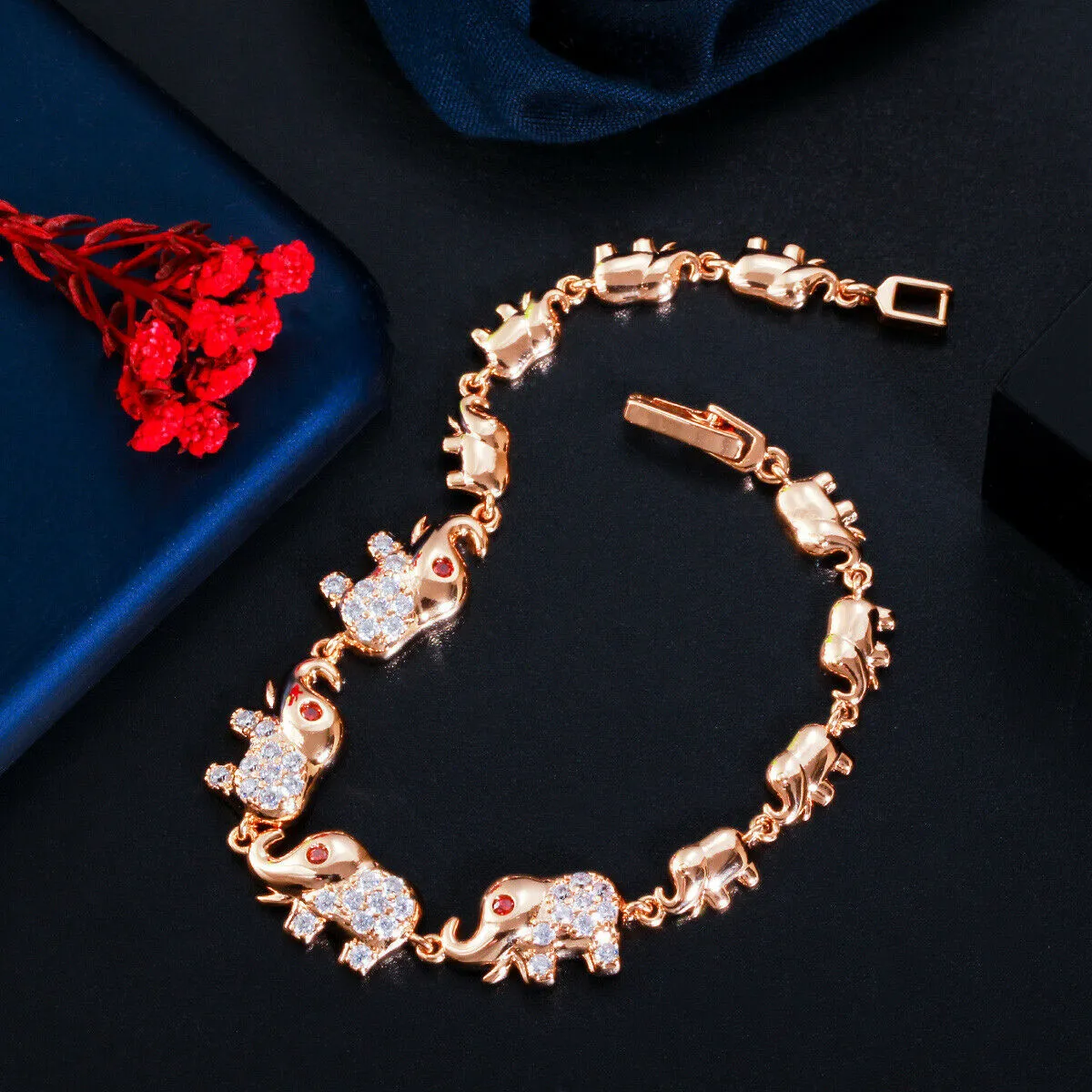 Rose Gold CZ Linked Elephant Petite Bracelet