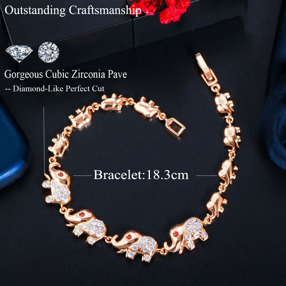 Rose Gold CZ Linked Elephant Petite Bracelet