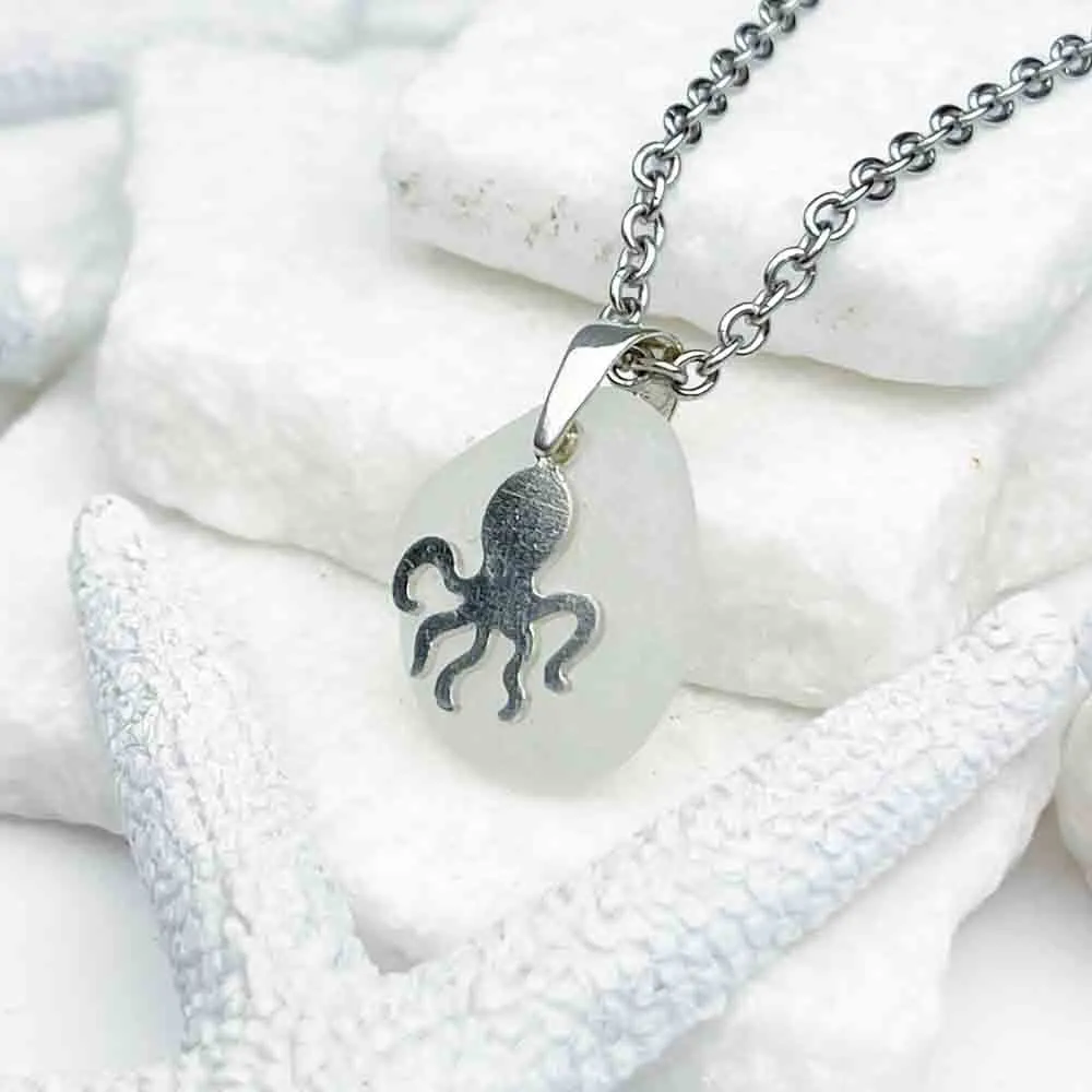 Round, Sandy White Sea Glass Pendant with Octopus Charm | #5039