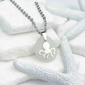 Round, Sandy White Sea Glass Pendant with Octopus Charm | #5039