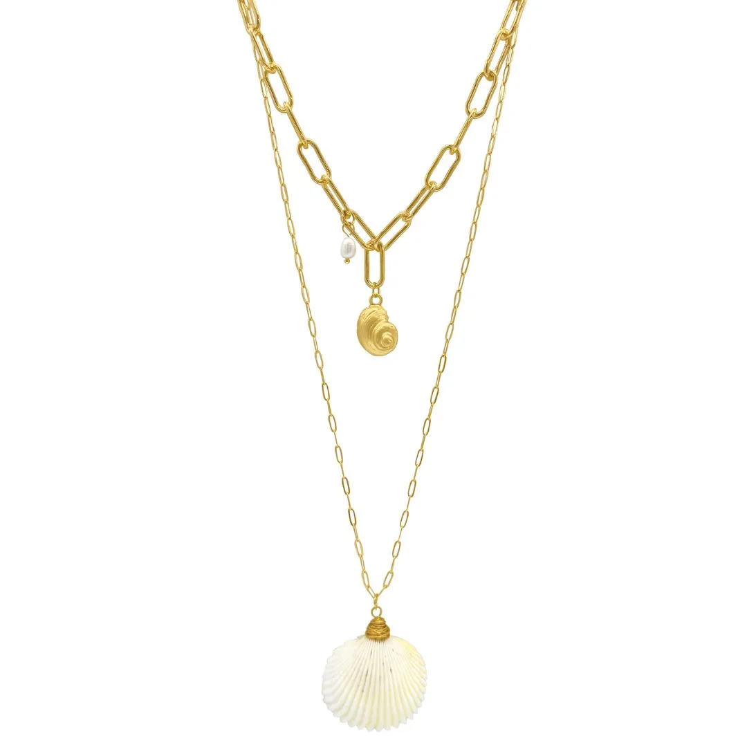 Sea Shell and Freshwater Pearl Pendant Layered Necklace