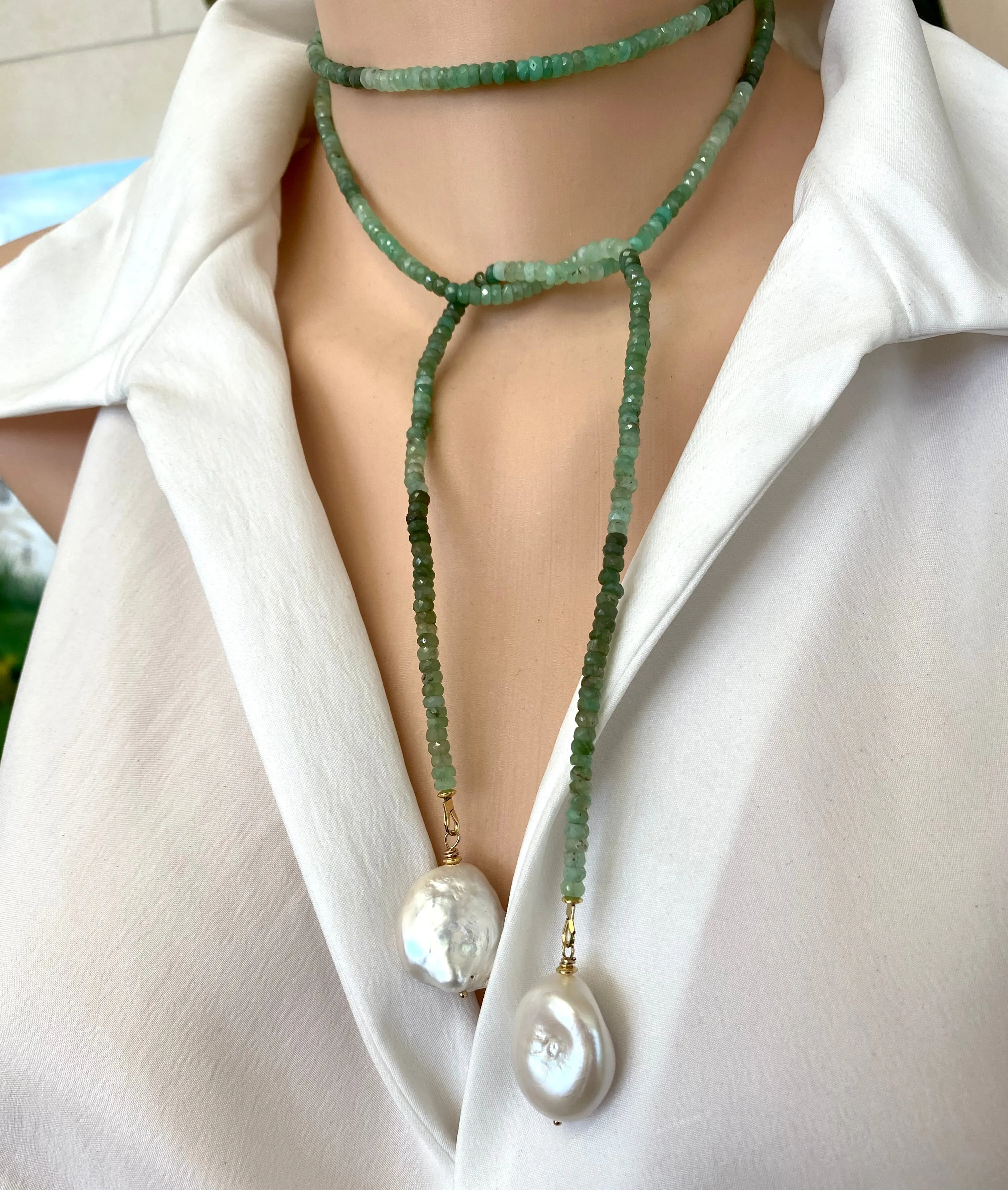 Shaded Green Chrysoprase Rondelle Beads & Two Baroque Pearls Lariat Wrap Necklace, Gold Plated silver, 42In