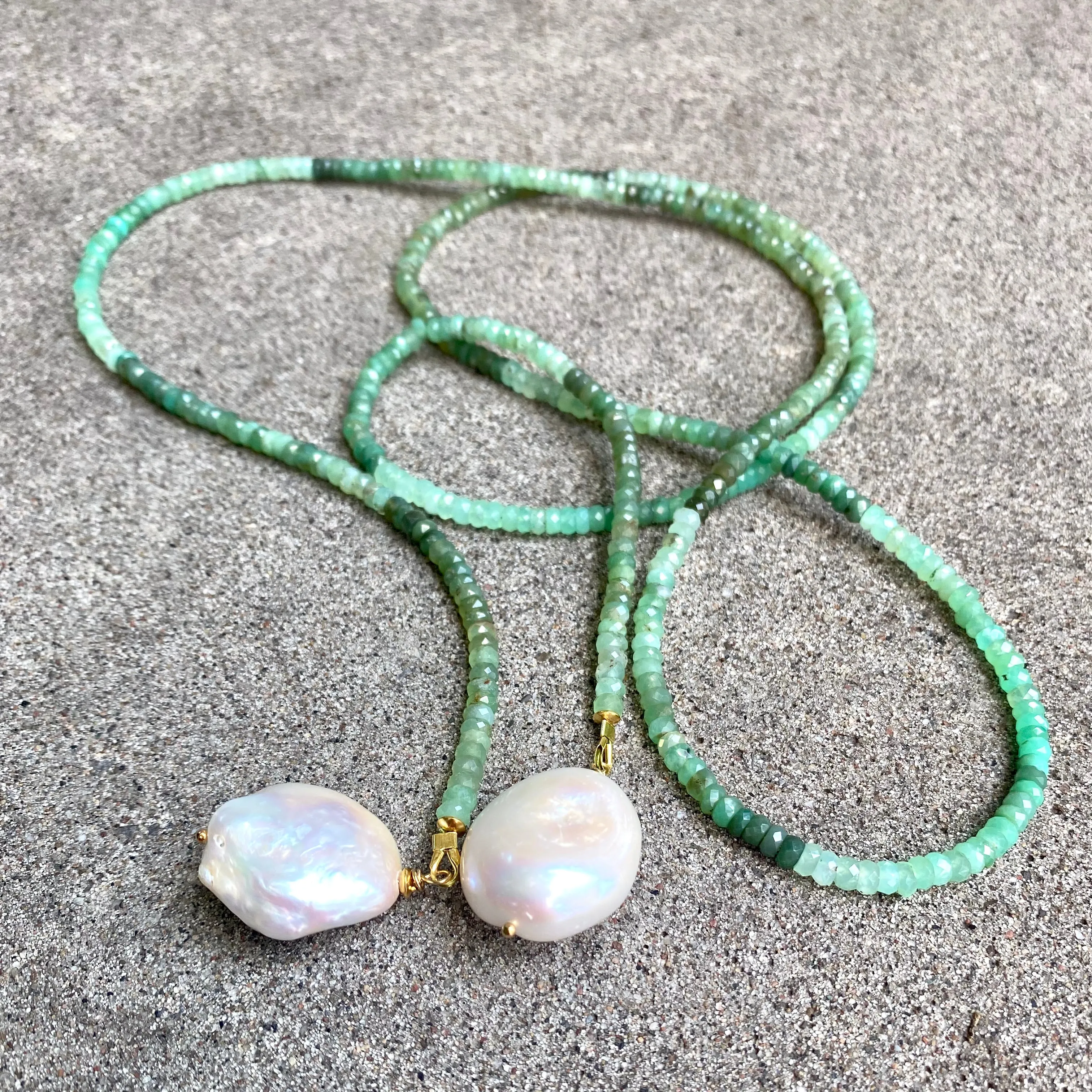 Shaded Green Chrysoprase Rondelle Beads & Two Baroque Pearls Lariat Wrap Necklace, Gold Plated silver, 42In