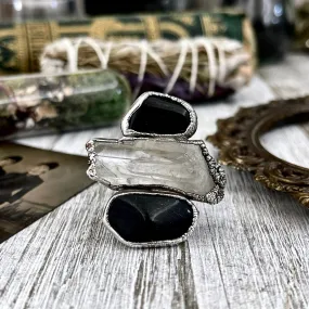 Size 10 Crystal Ring - Three Stone Ring Black Onyx Raw Clear Quartz Ring Silver / Foxlark Collection - One of a Kind