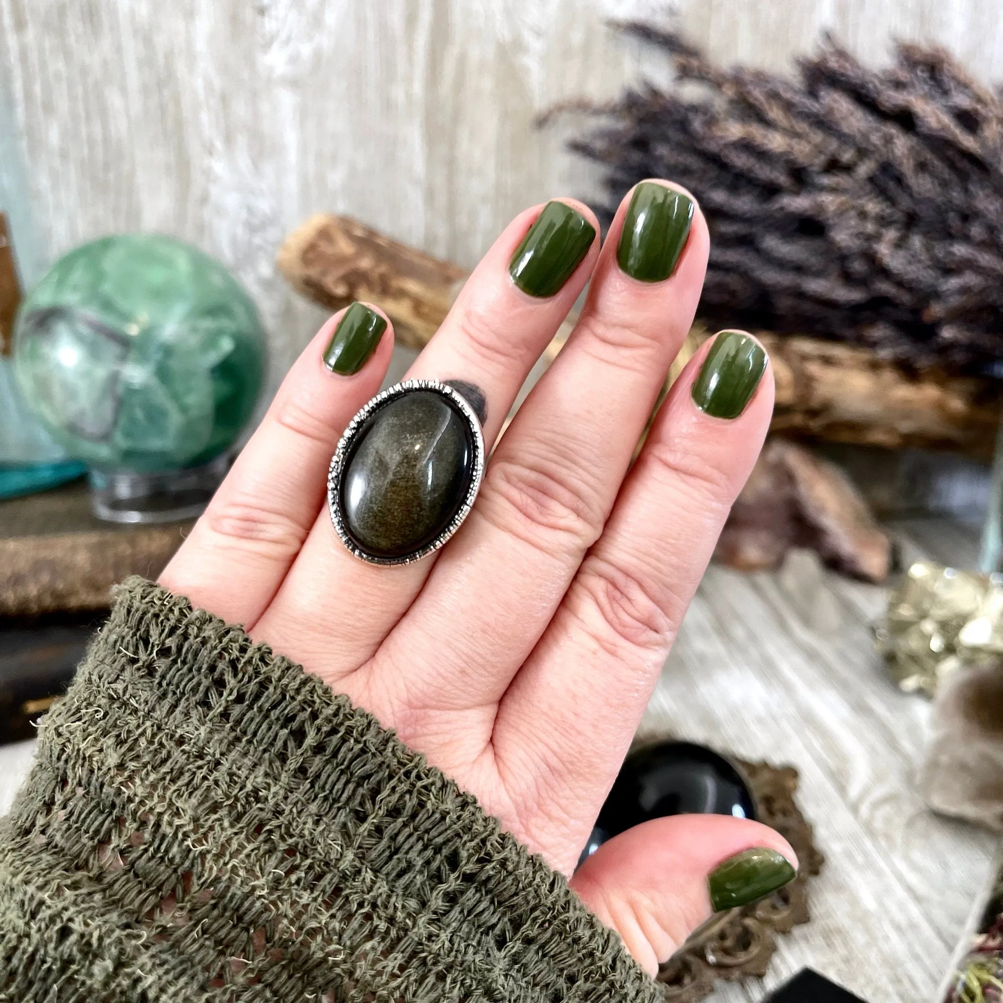 Size 6 Golden Sheen Obsidian Statement Ring in Fine Silver /  Foxlark Collection - One of a Kind