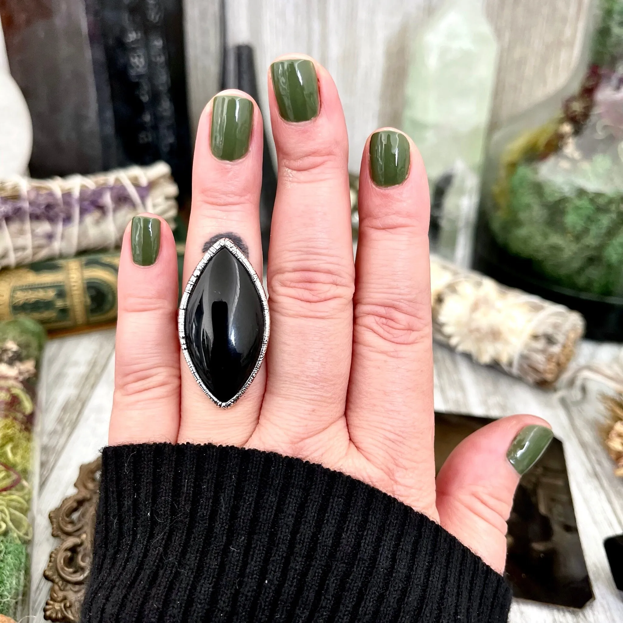 Size 7 Natural Black Onyx Ring in Fine Silver /  Large Crystal Ring  - Black Stone Ring - Silver Crystal Ring - Bohemian Jewelry Gemstone