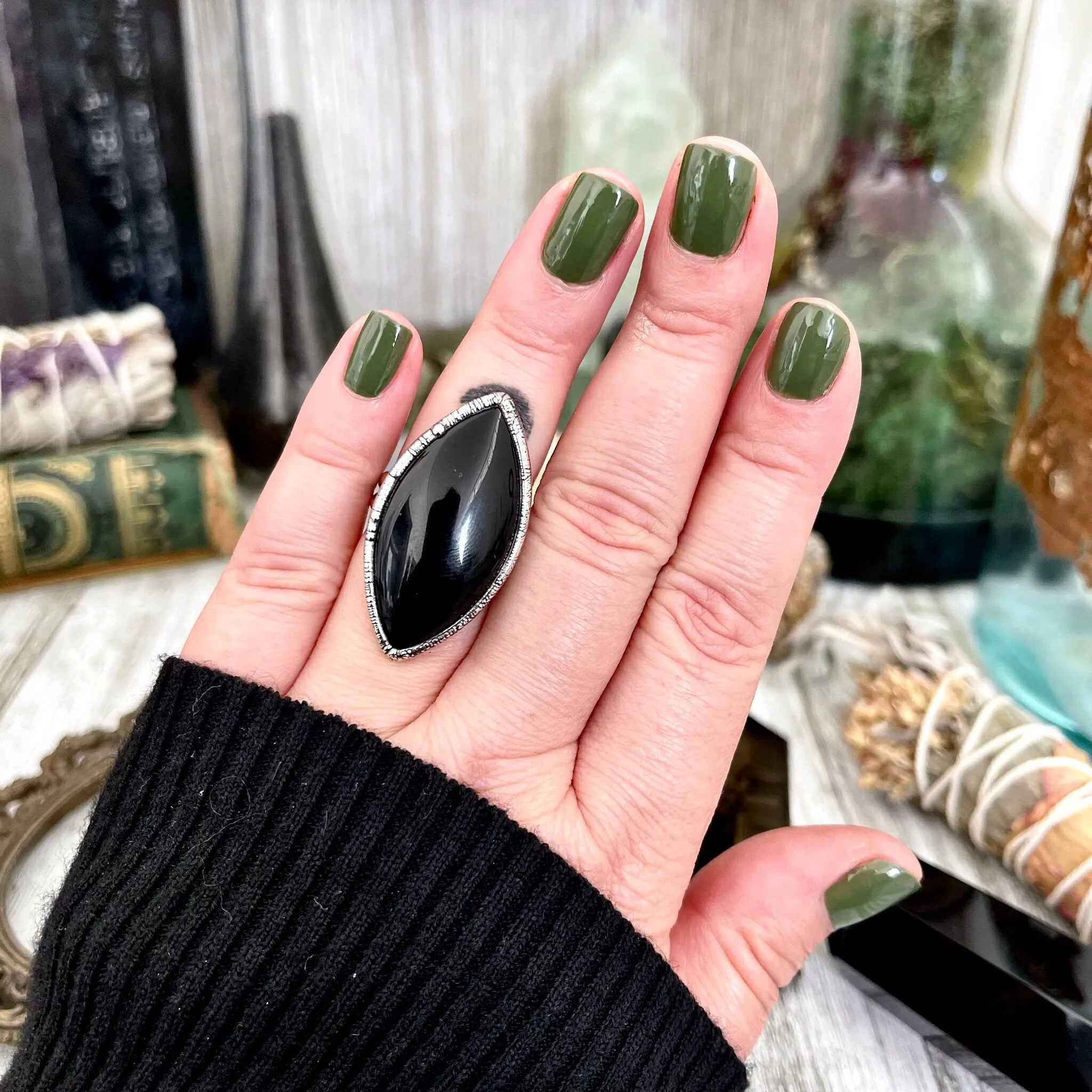 Size 7 Natural Black Onyx Ring in Fine Silver /  Large Crystal Ring  - Black Stone Ring - Silver Crystal Ring - Bohemian Jewelry Gemstone