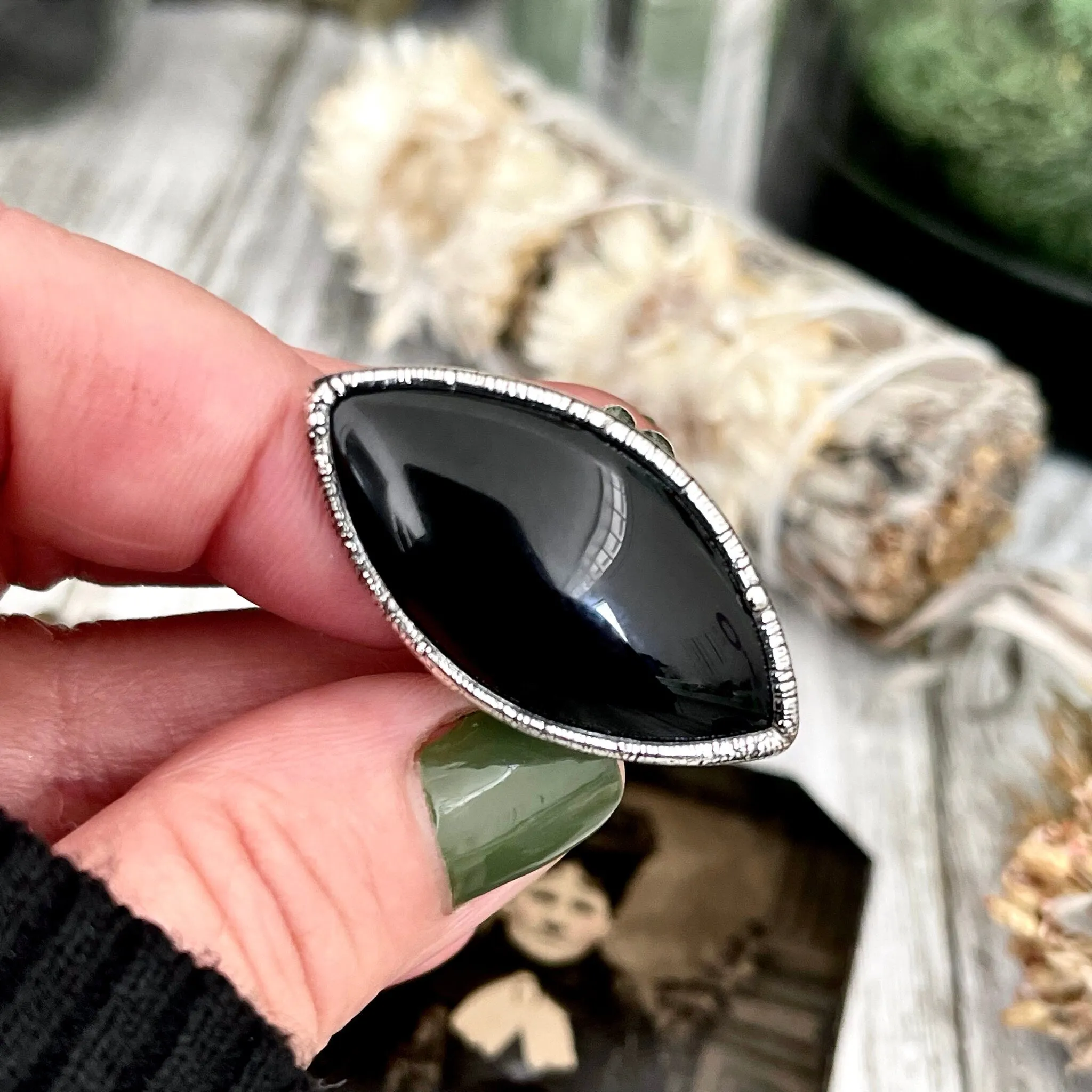 Size 7 Natural Black Onyx Ring in Fine Silver /  Large Crystal Ring  - Black Stone Ring - Silver Crystal Ring - Bohemian Jewelry Gemstone