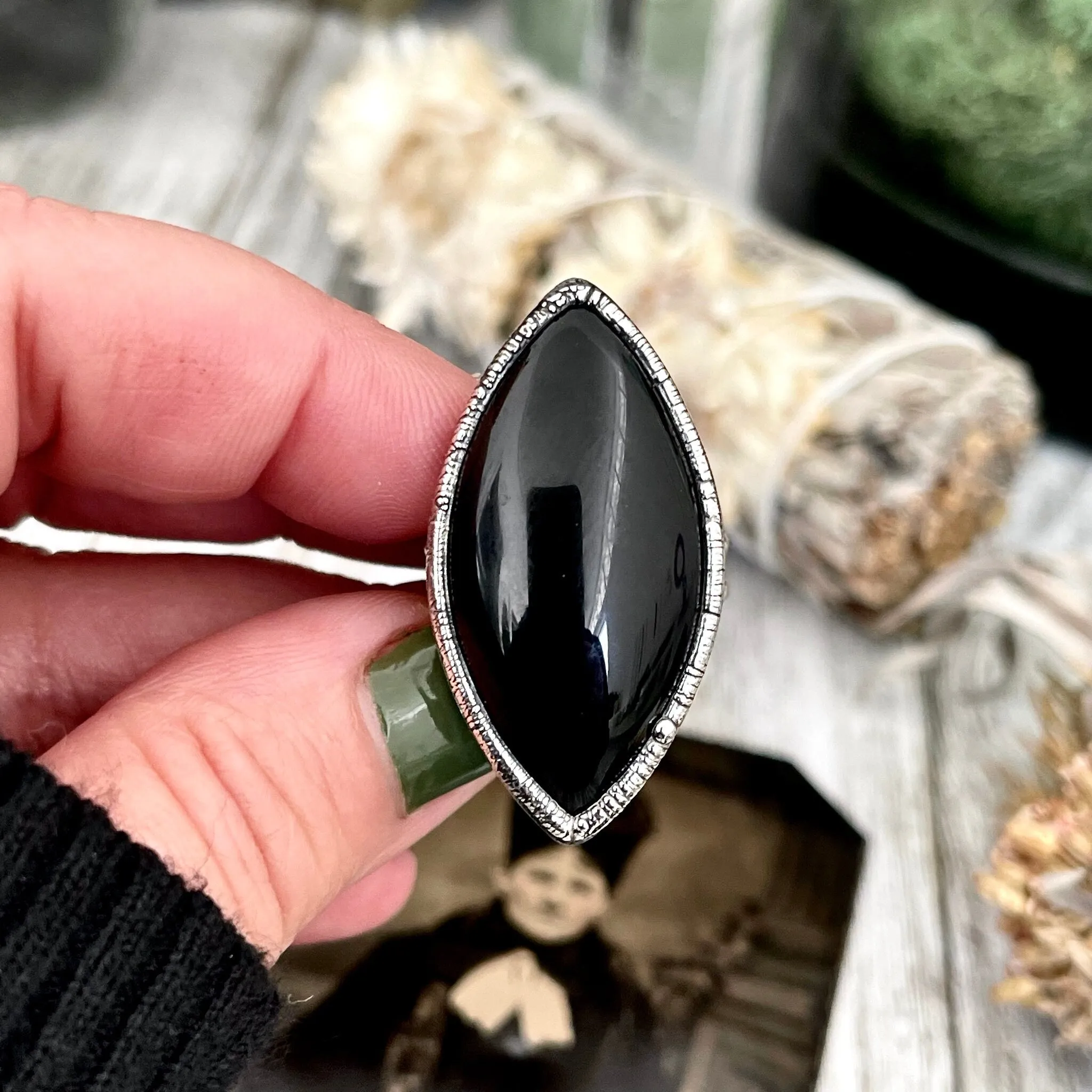 Size 7 Natural Black Onyx Ring in Fine Silver /  Large Crystal Ring  - Black Stone Ring - Silver Crystal Ring - Bohemian Jewelry Gemstone