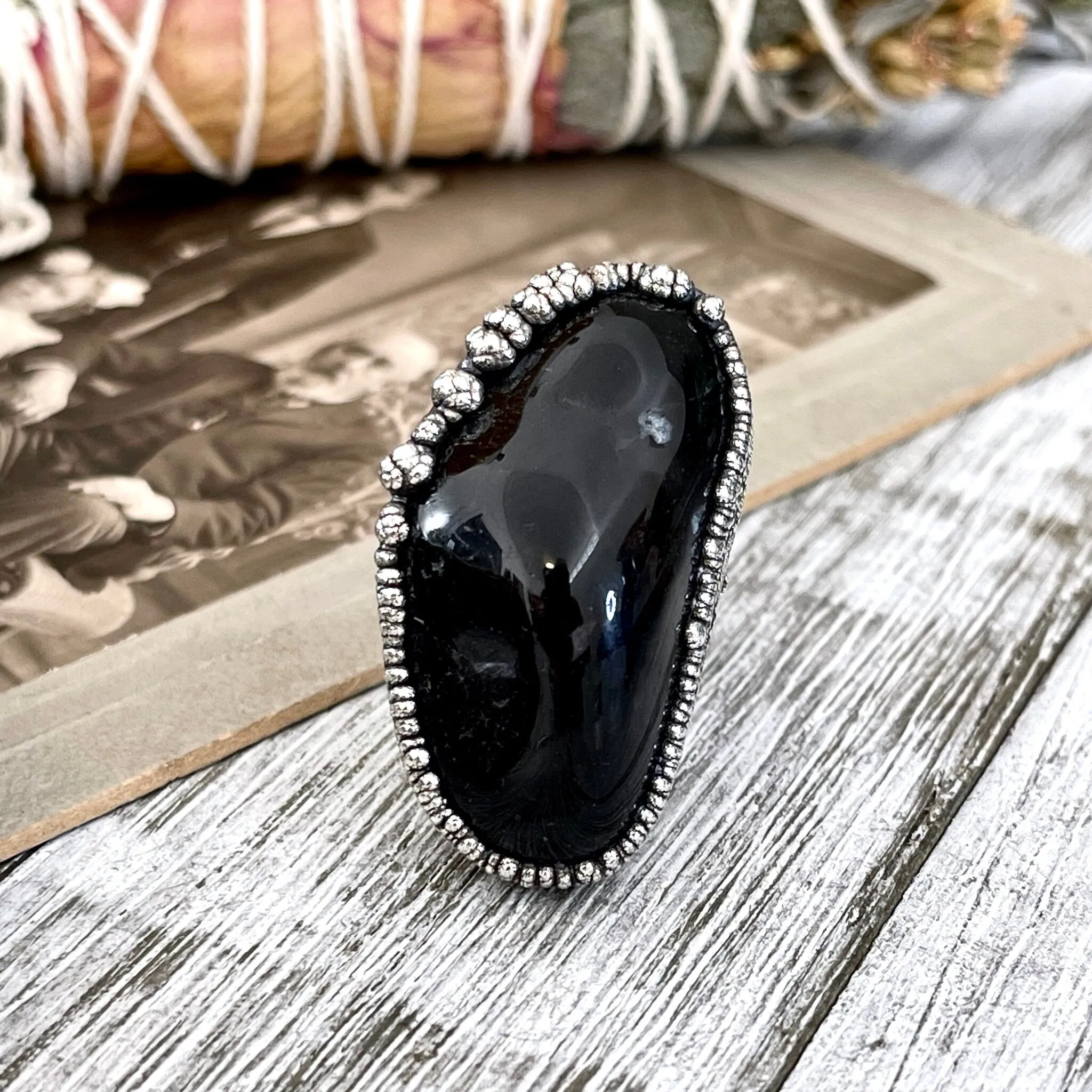 Size 7.5 Natural Black Agate Ring in Fine Silver/ Foxlark Collection - One of a Kind