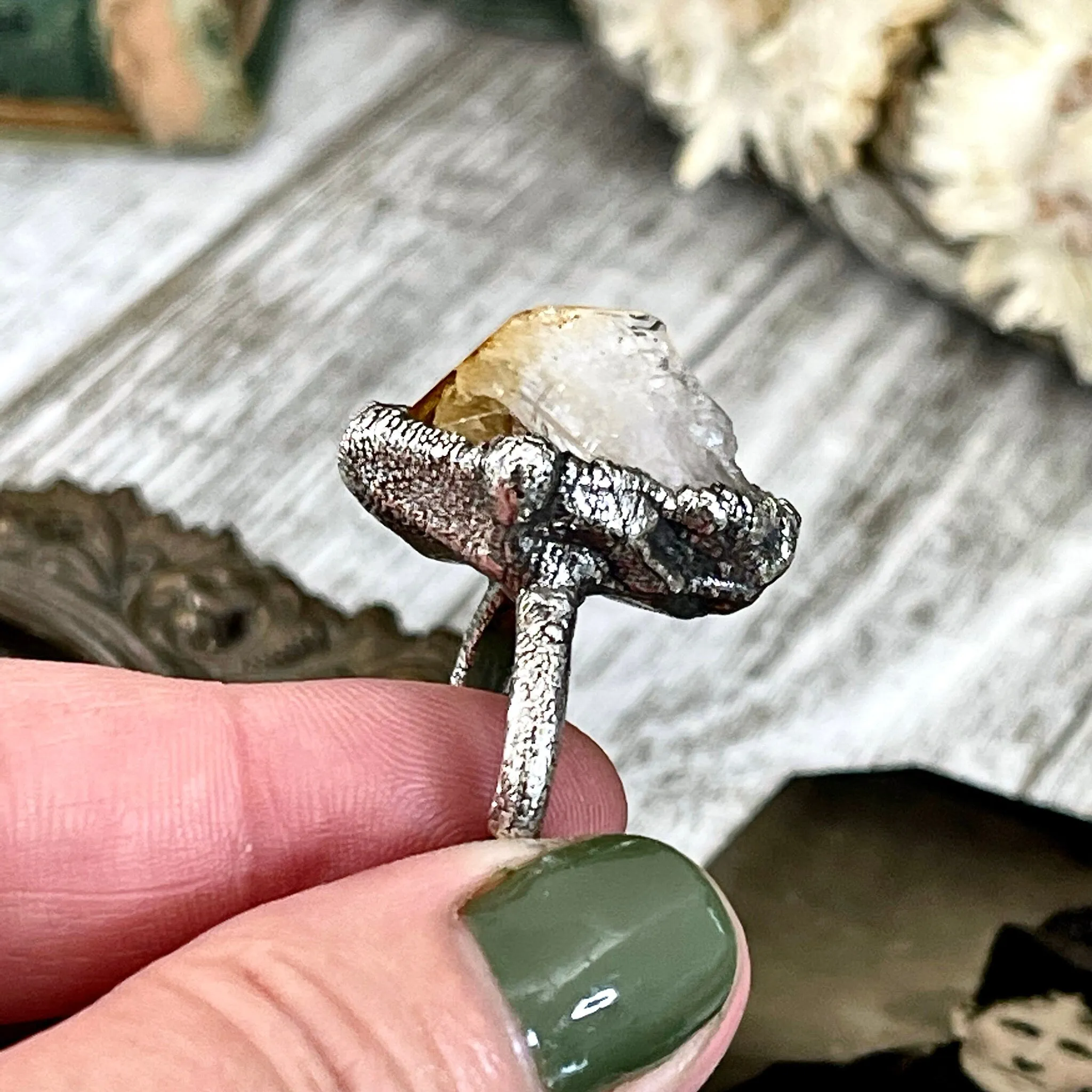 Size 8.5 Raw Citrine Crystal Point Ring Set in Fine Silver  / Foxlark Collection - One of a Kind