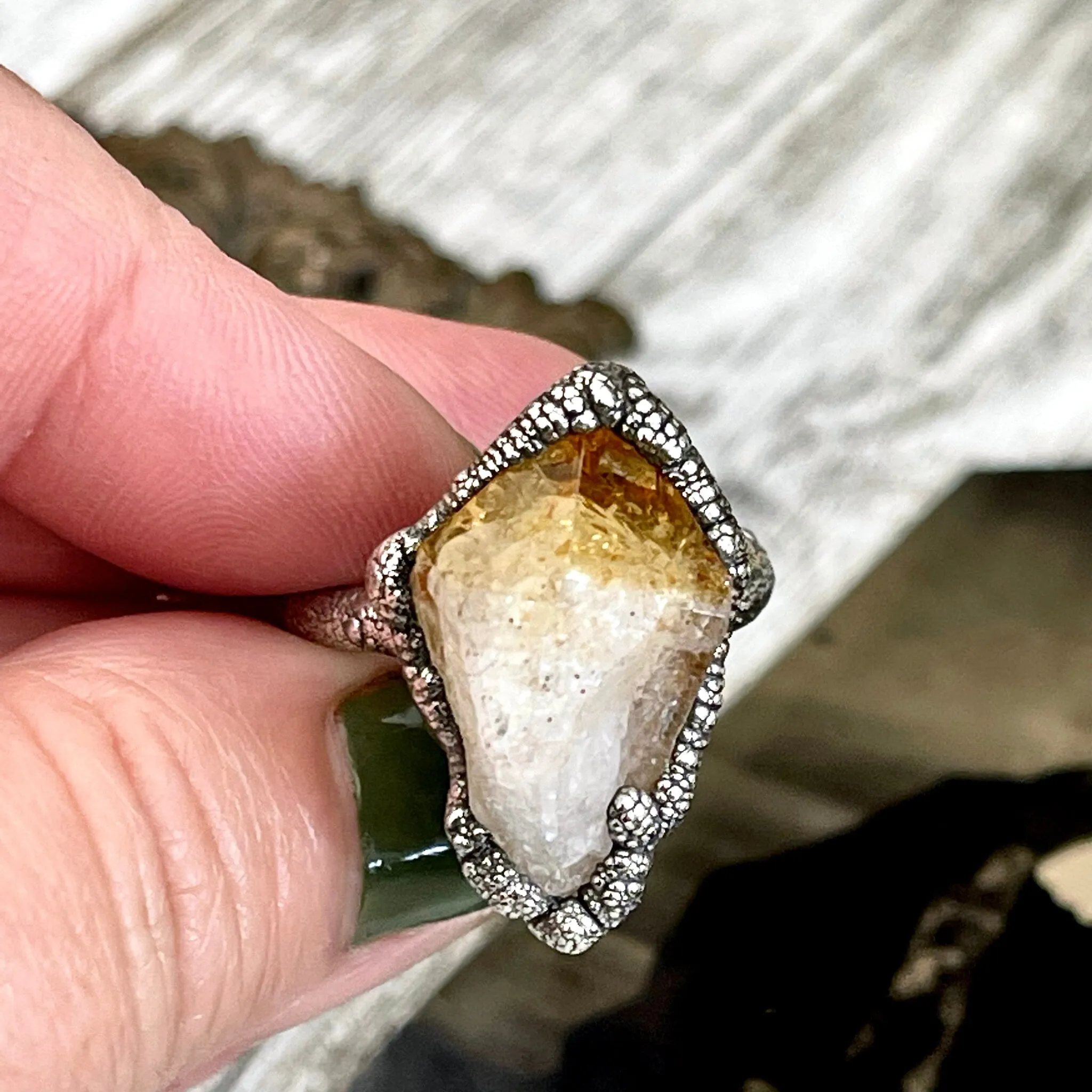 Size 8.5 Raw Citrine Crystal Point Ring Set in Fine Silver  / Foxlark Collection - One of a Kind