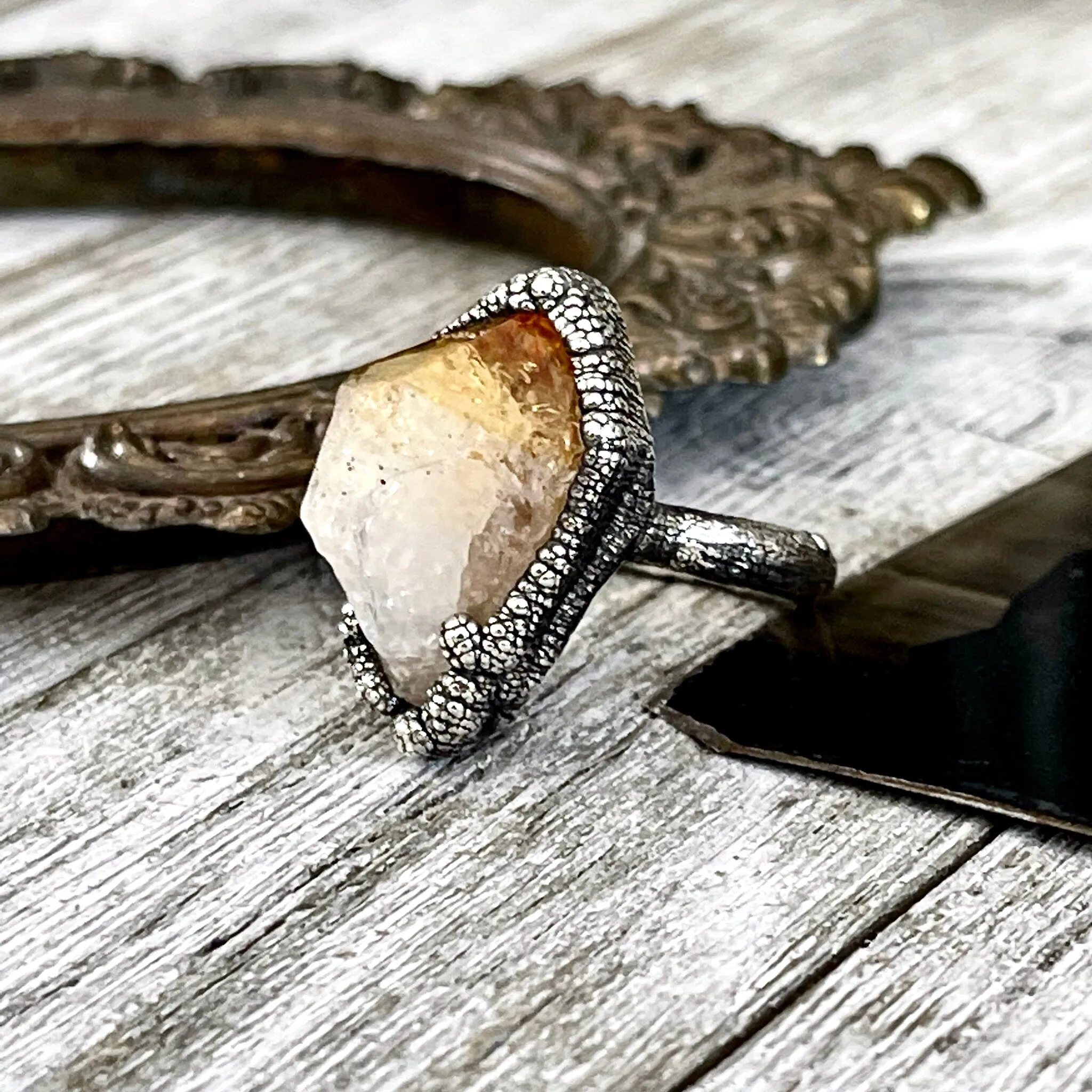 Size 8.5 Raw Citrine Crystal Point Ring Set in Fine Silver  / Foxlark Collection - One of a Kind