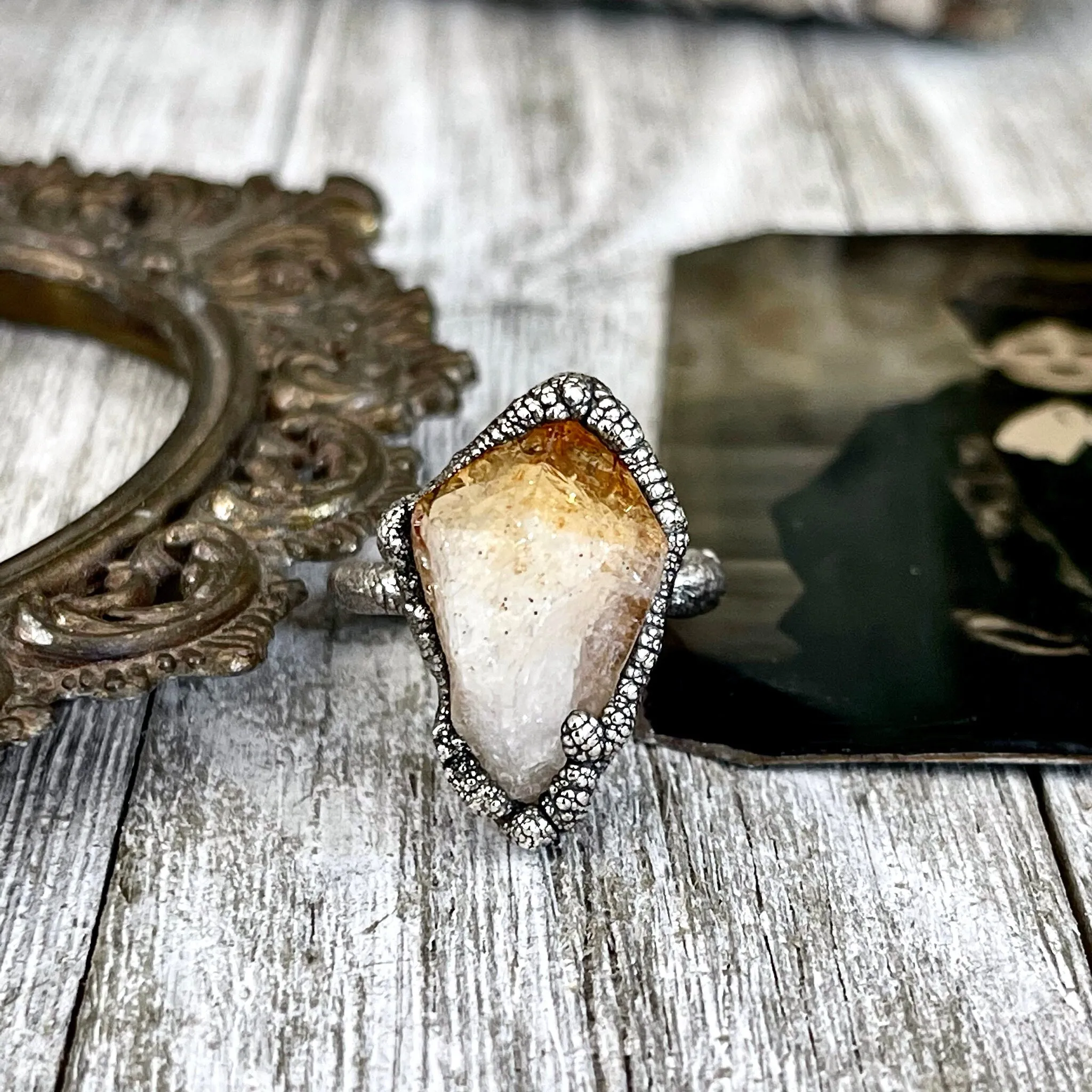 Size 8.5 Raw Citrine Crystal Point Ring Set in Fine Silver  / Foxlark Collection - One of a Kind