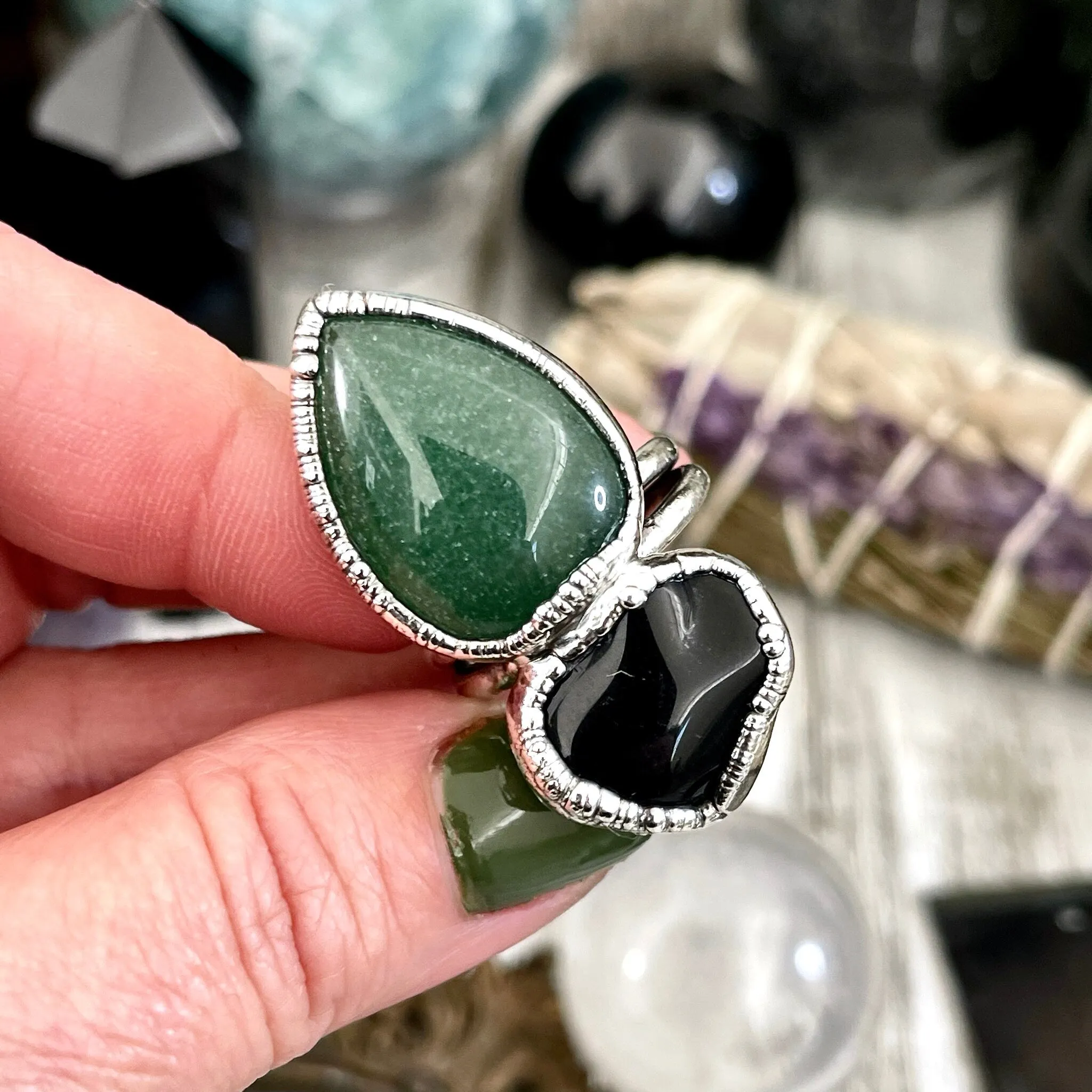 Size 8.5 Two Stone Ring- Black Onyx Green Aventurine Crystal Ring Fine Silver / Foxlark Collection - One of a Kind