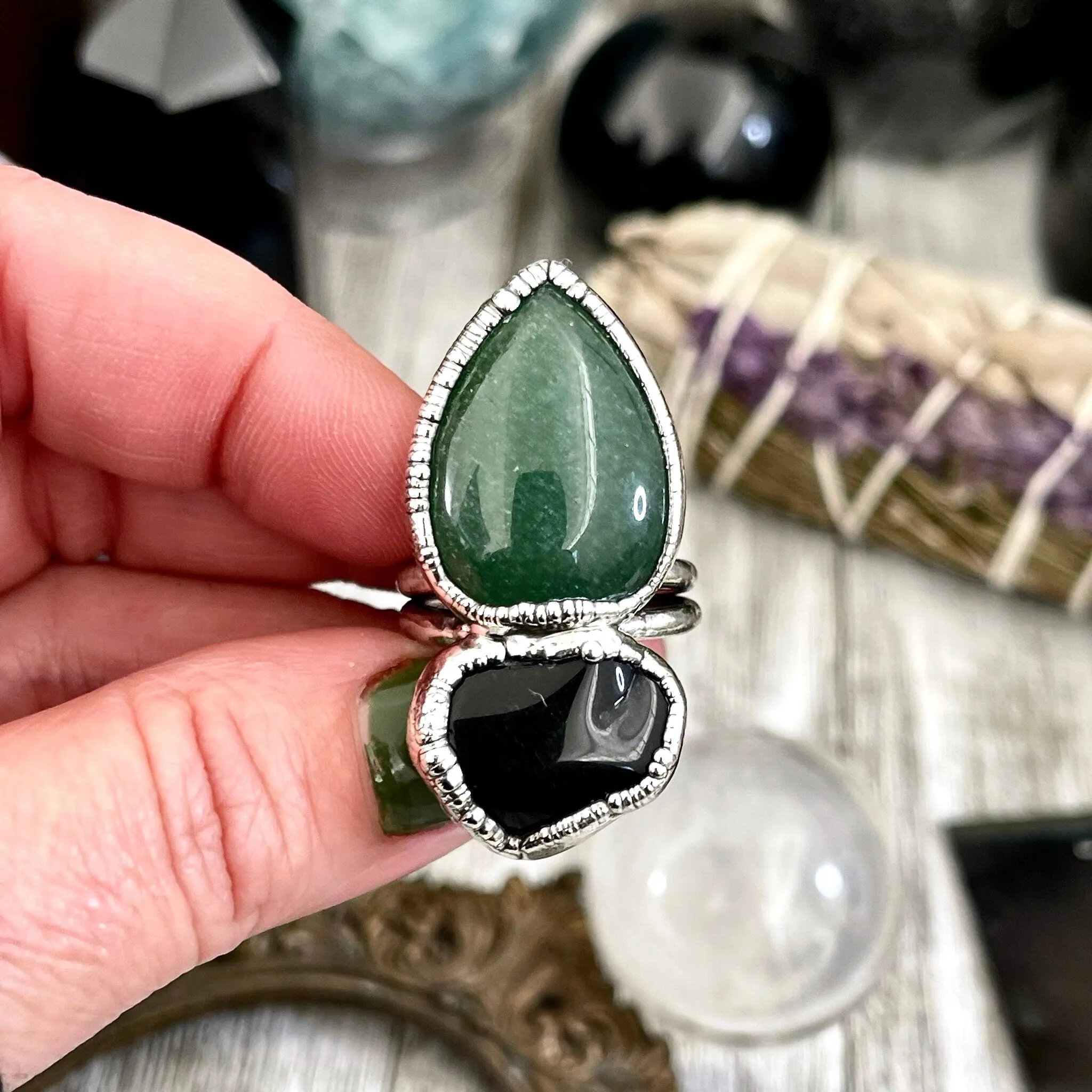 Size 8.5 Two Stone Ring- Black Onyx Green Aventurine Crystal Ring Fine Silver / Foxlark Collection - One of a Kind