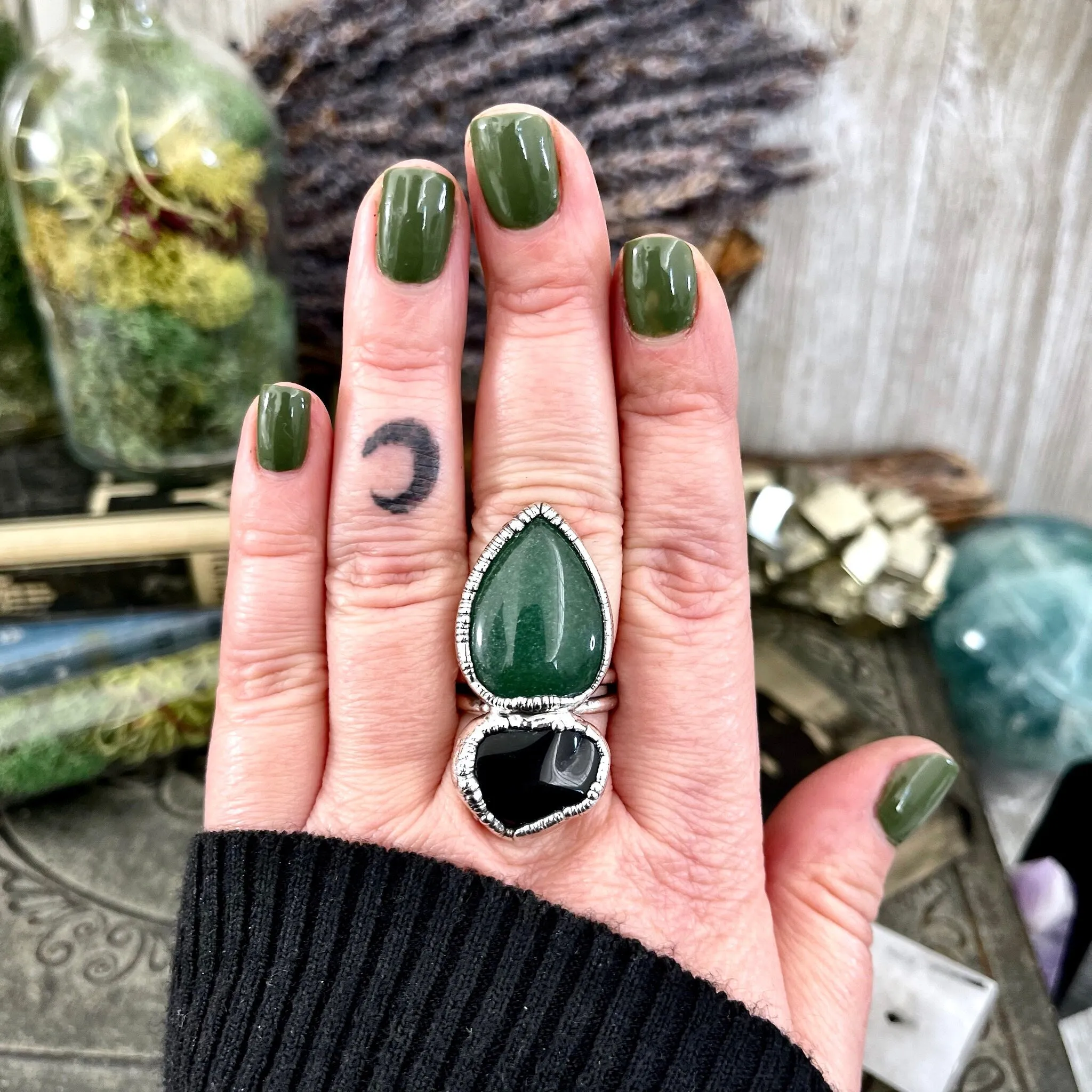 Size 8.5 Two Stone Ring- Black Onyx Green Aventurine Crystal Ring Fine Silver / Foxlark Collection - One of a Kind