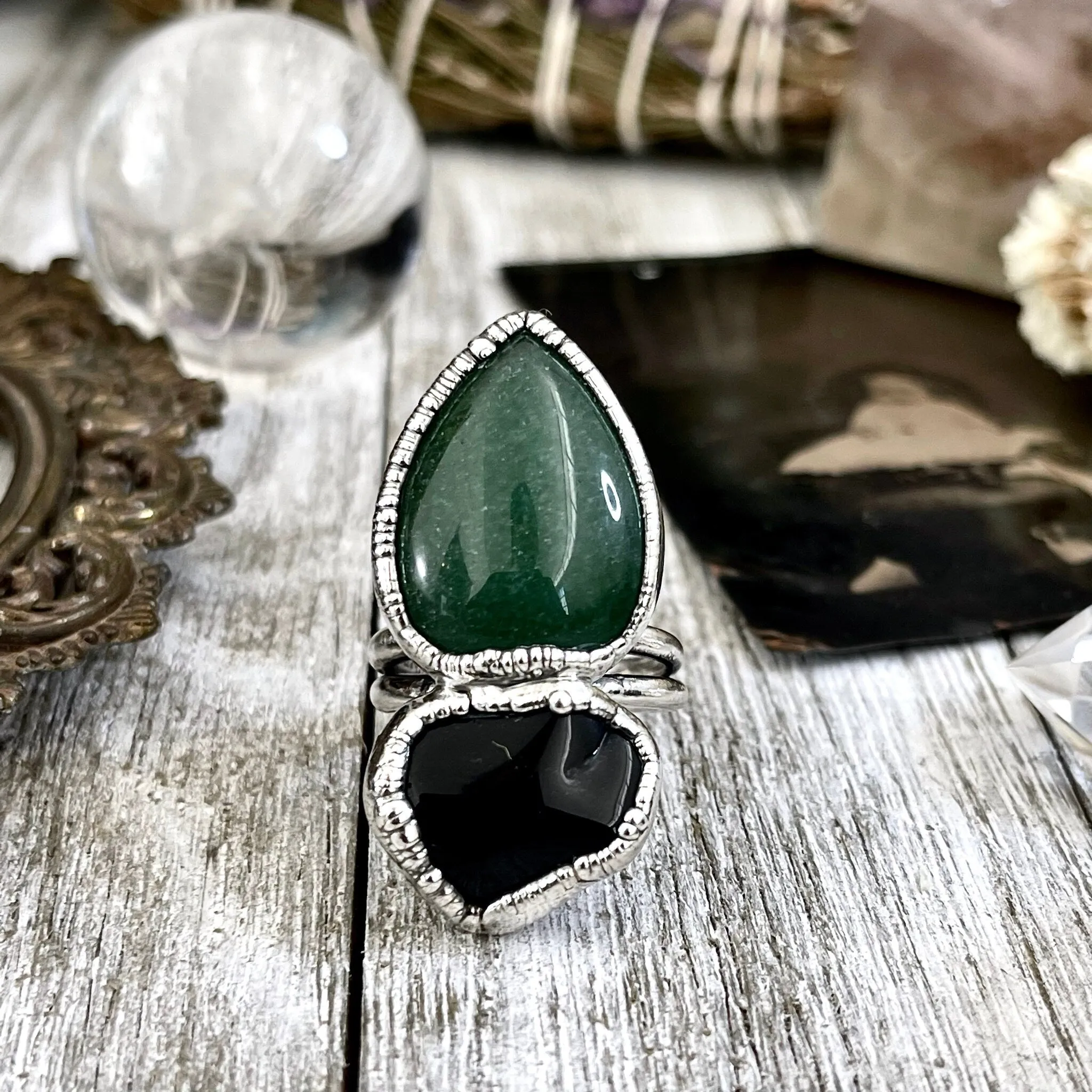 Size 8.5 Two Stone Ring- Black Onyx Green Aventurine Crystal Ring Fine Silver / Foxlark Collection - One of a Kind