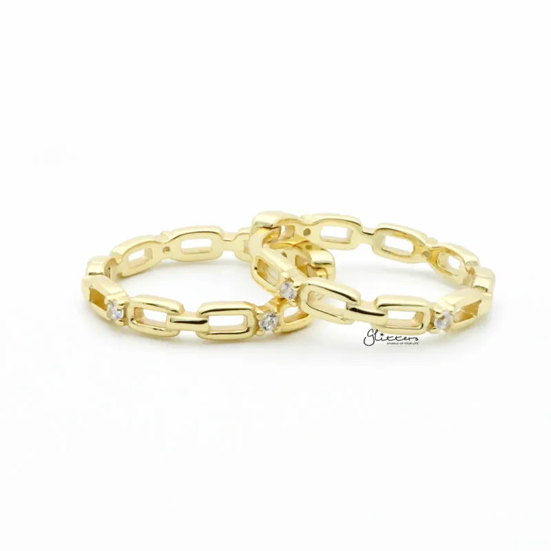 Sterling Silver Chain Link One-Touch Huggie Hoop Earrings - Gold