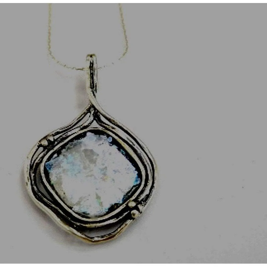 Sterling Silver necklace. Designer Jewelry Roman glass necklace.