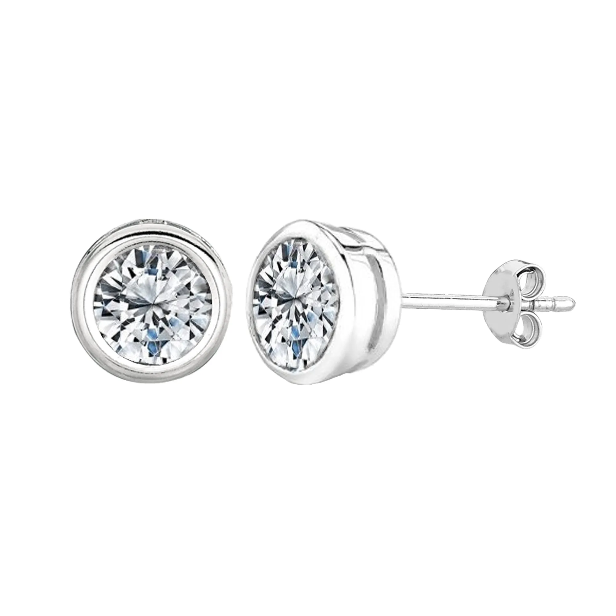 Sterling Silver Rhodium Finish Round Bezel Set Cubic Zirconia Stud Earring