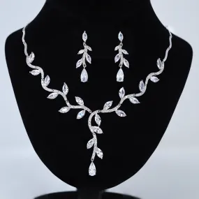 Swarovski Crystal Vine Leaves Blooming Necklace, Long Bridal Jewelry, Bridal Earrings And Necklace, Statement Earrings Cz Necklace Set.