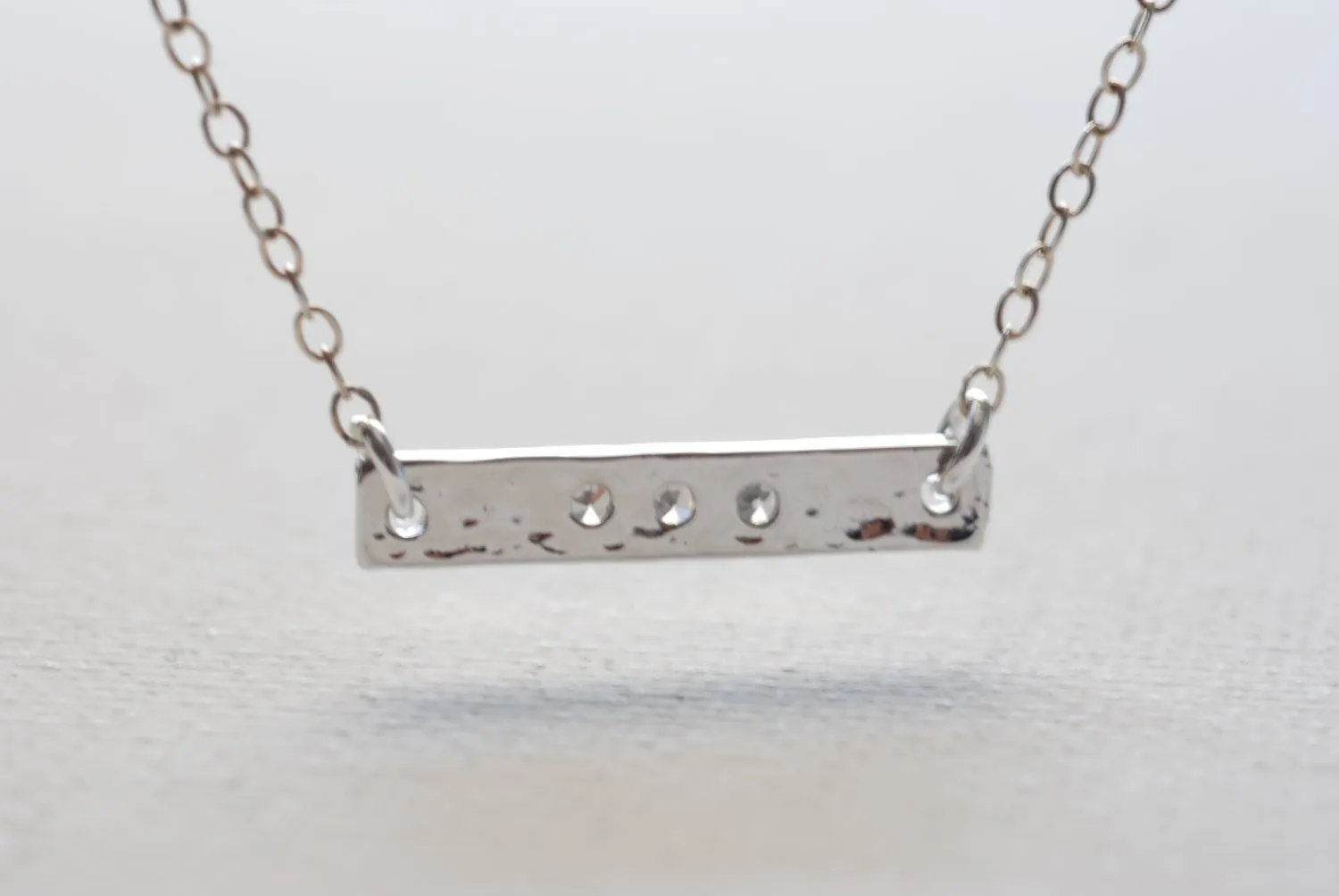 Wholesale Sterling Silver Sideways Hammered Bar Necklace,Silver Bar with Crystals,Horizontal Bar Necklace,Hammered Sideways Bar,Dainty Bar Necklace