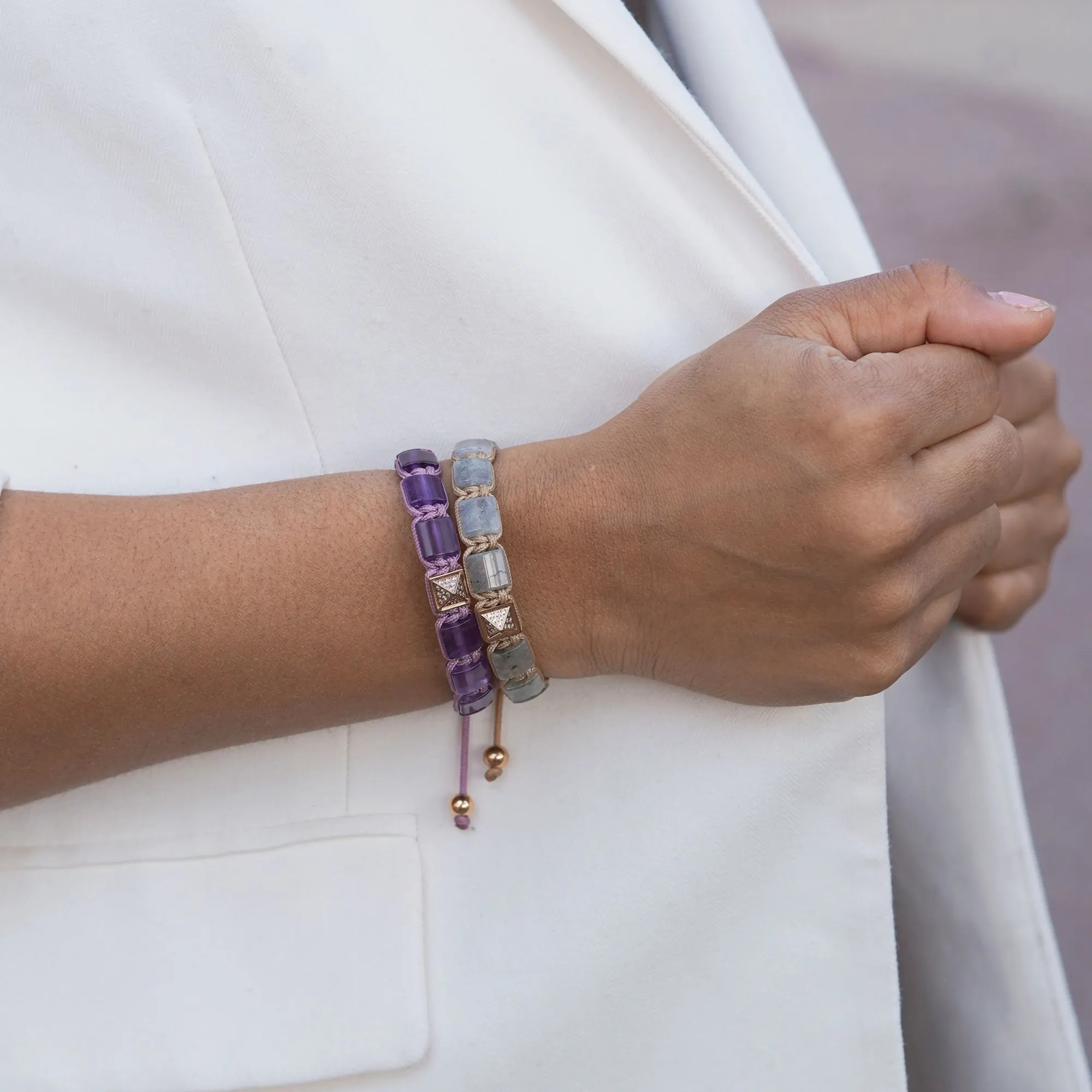 Women's AMETHYST Flat bead Bracelet with Pyramid Diamond