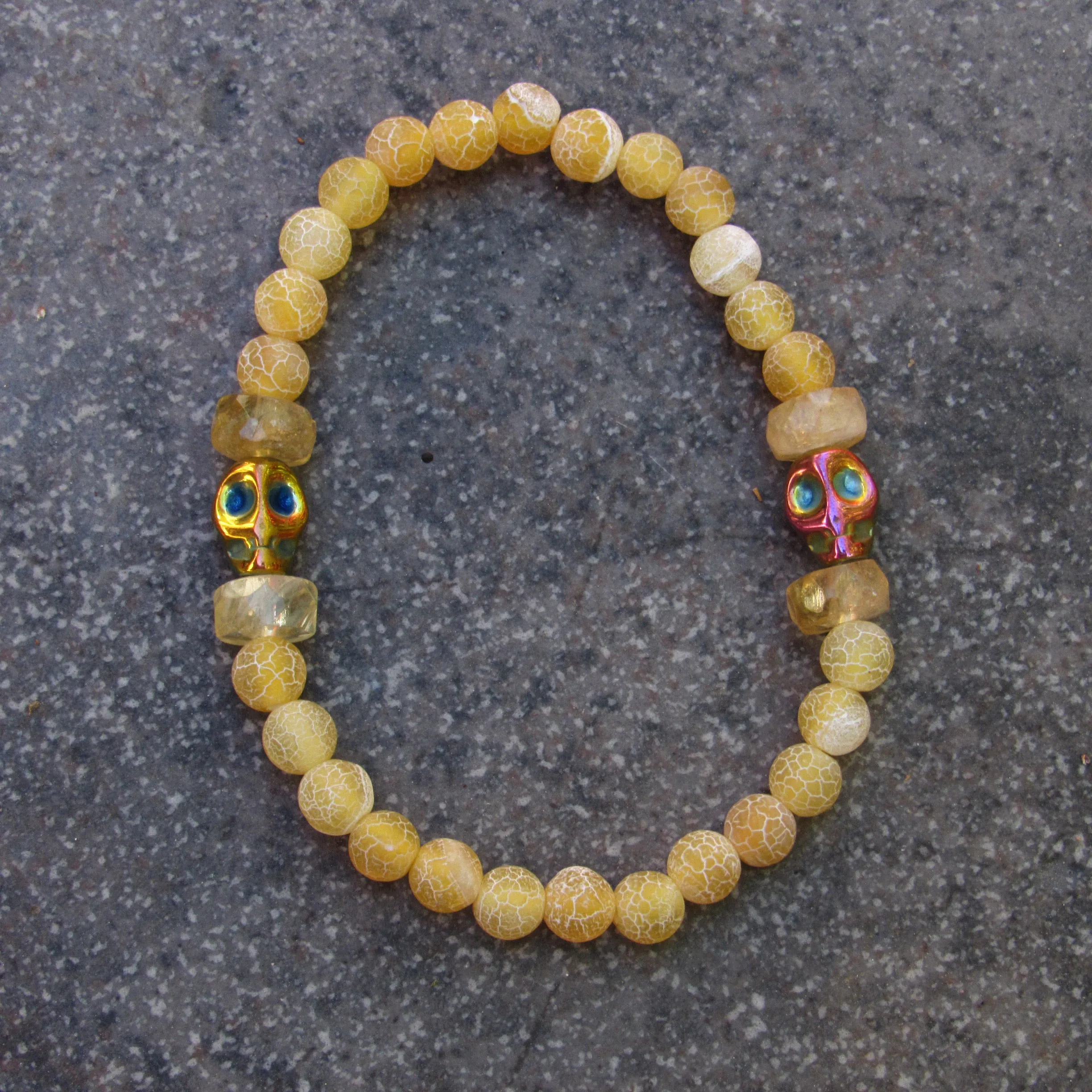 Yellow Agates, Rainbow Hematite gemstone Skull, Citrine Women’s Stretch Bracelet