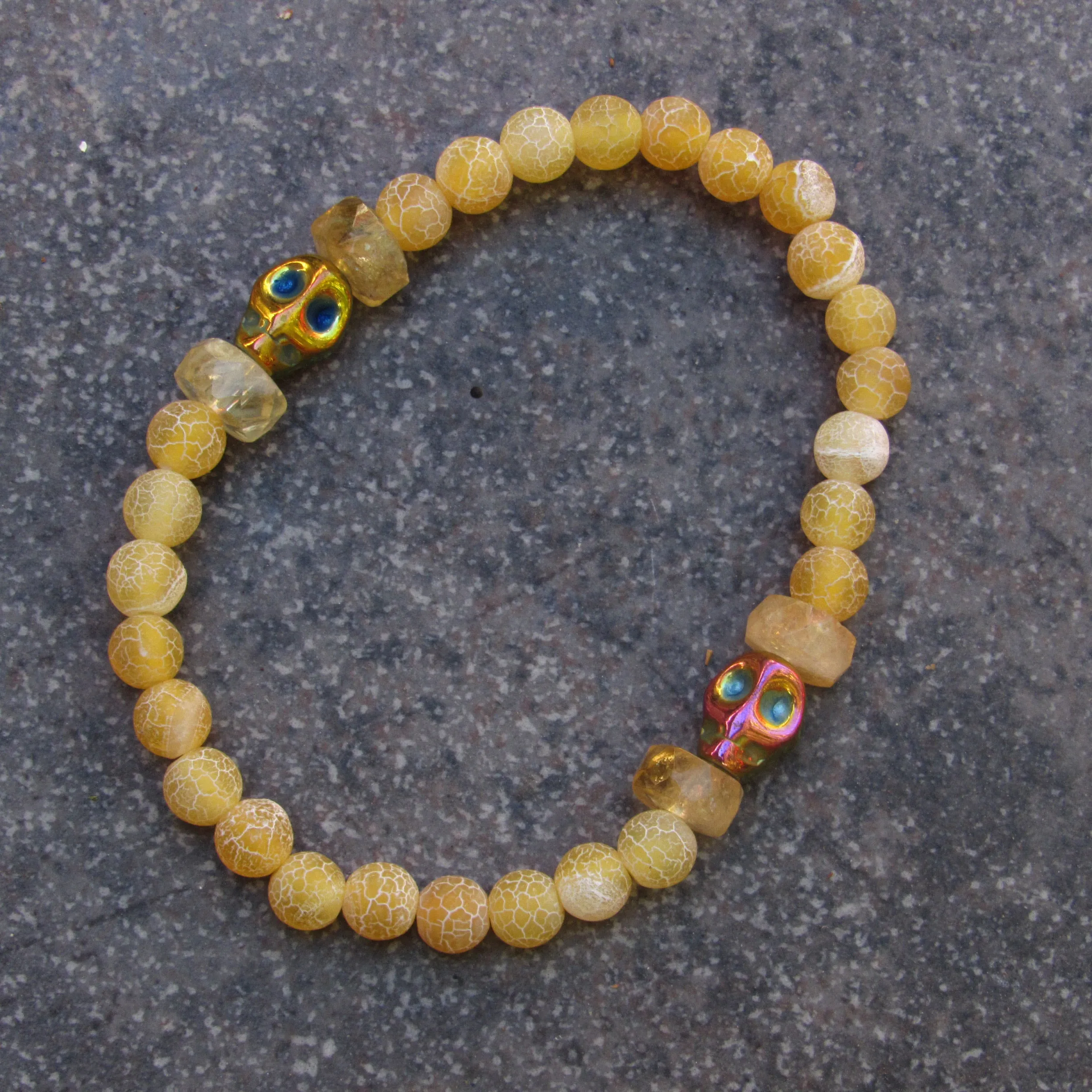 Yellow Agates, Rainbow Hematite gemstone Skull, Citrine Women’s Stretch Bracelet