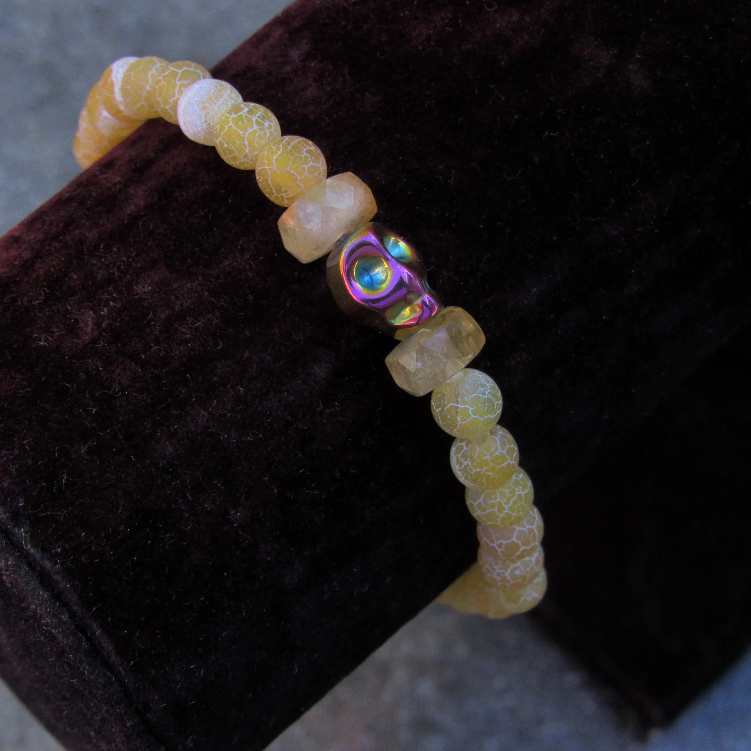 Yellow Agates, Rainbow Hematite gemstone Skull, Citrine Women’s Stretch Bracelet