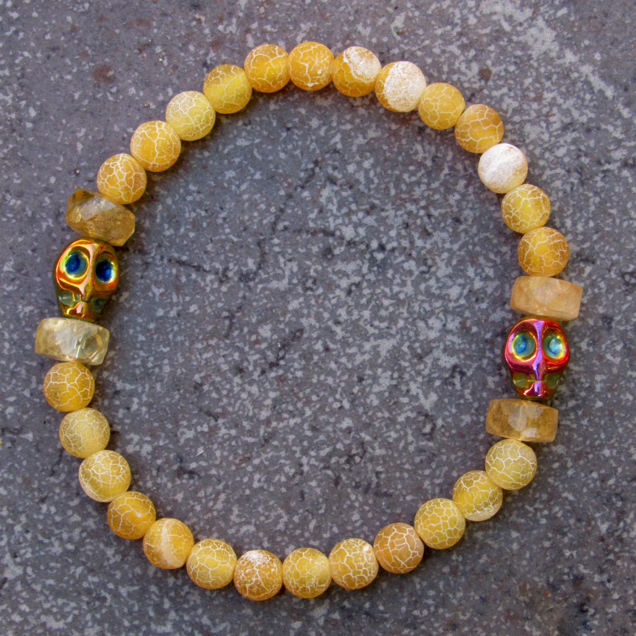 Yellow Agates, Rainbow Hematite gemstone Skull, Citrine Women’s Stretch Bracelet