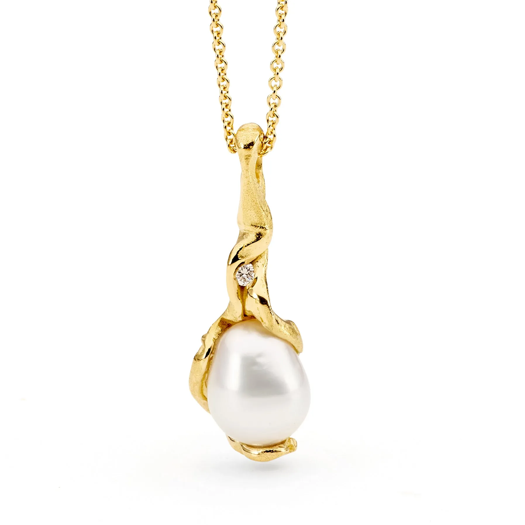 Yellow Gold Pearl and Diamond Oragnic Pendant